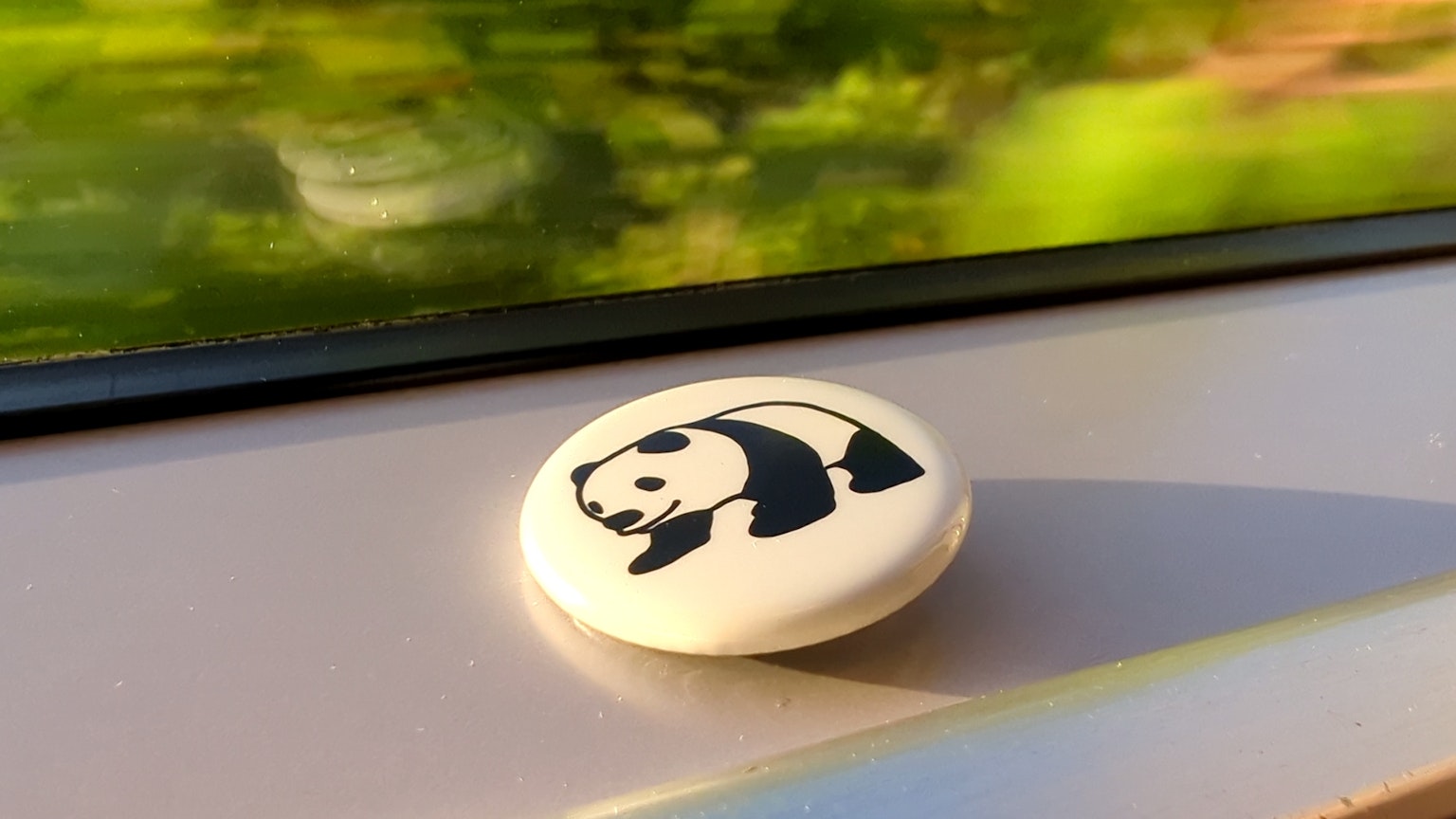 白色按钮上有熊猫插图，背景为绿色