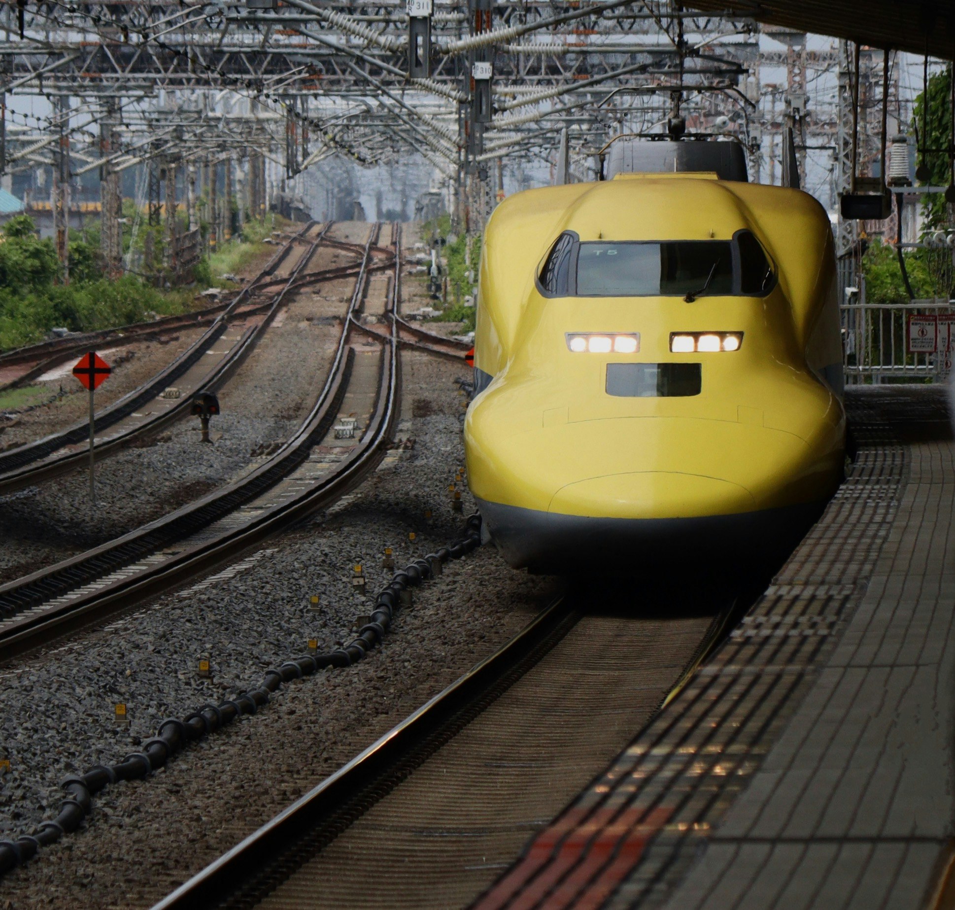 米原駅の線路脇に停車するドクターイエロー