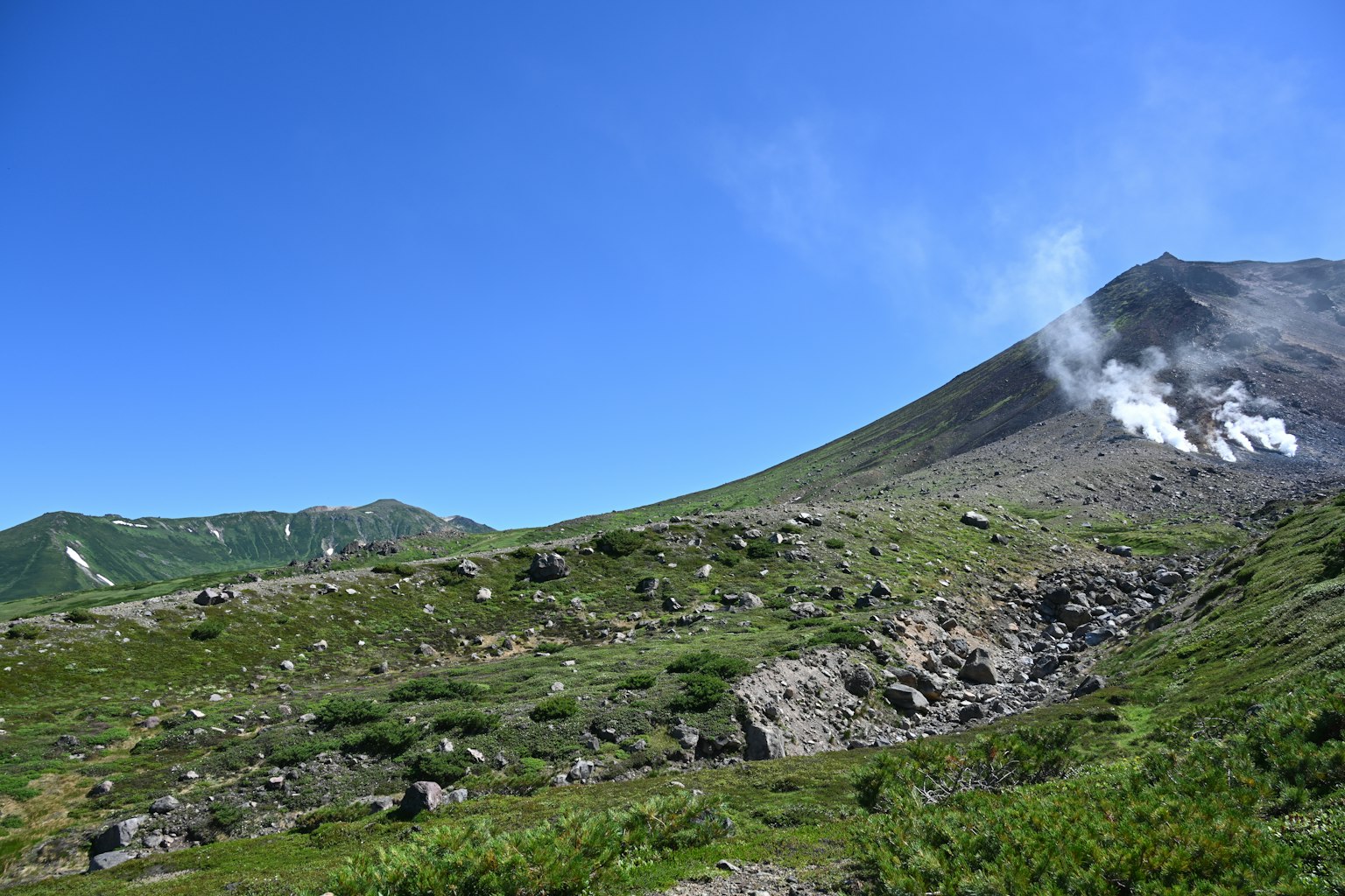 在藍天下冒煙的火山景觀，綠草和岩石