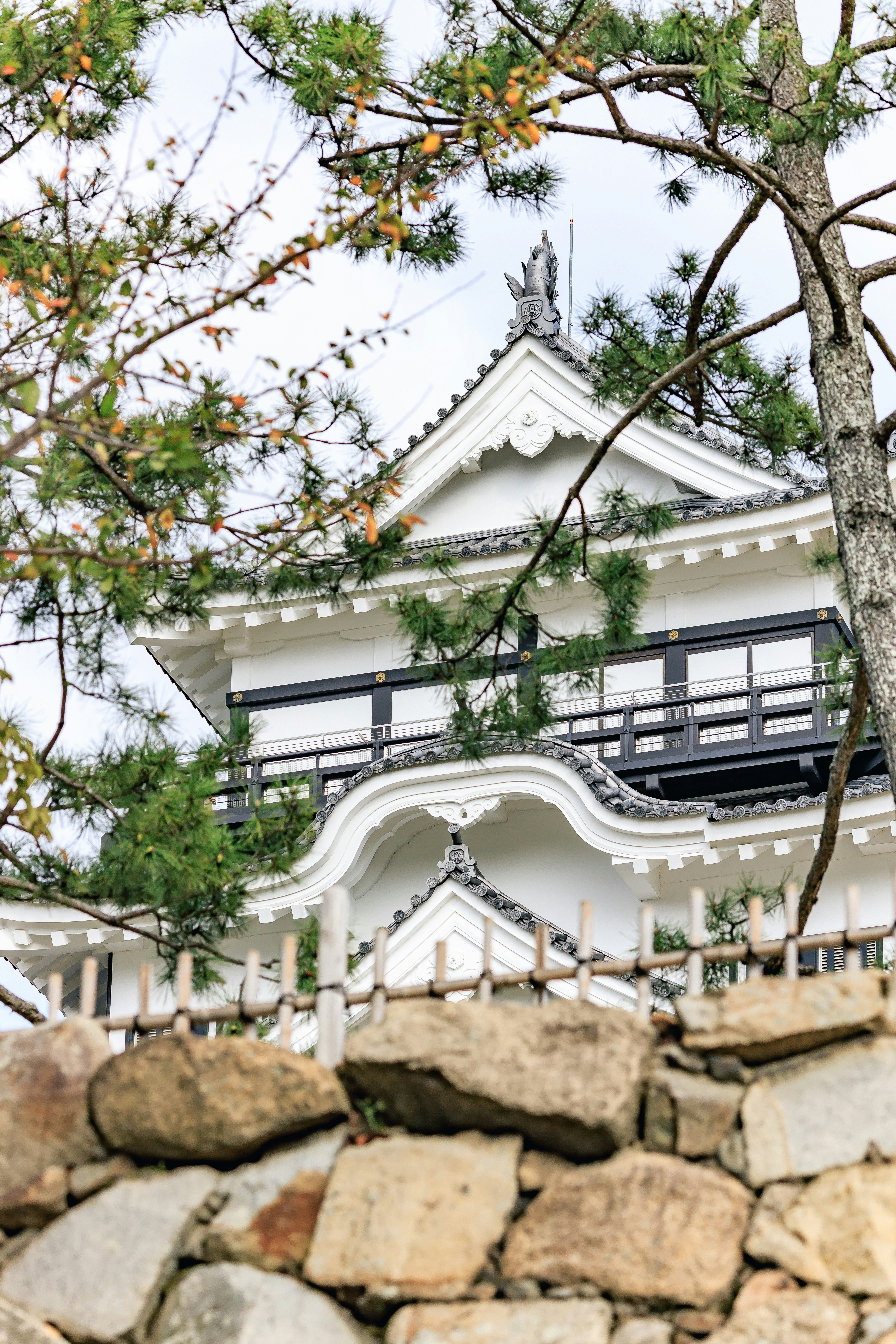 福山城の石垣と松の木のある天守閣周辺の景観
