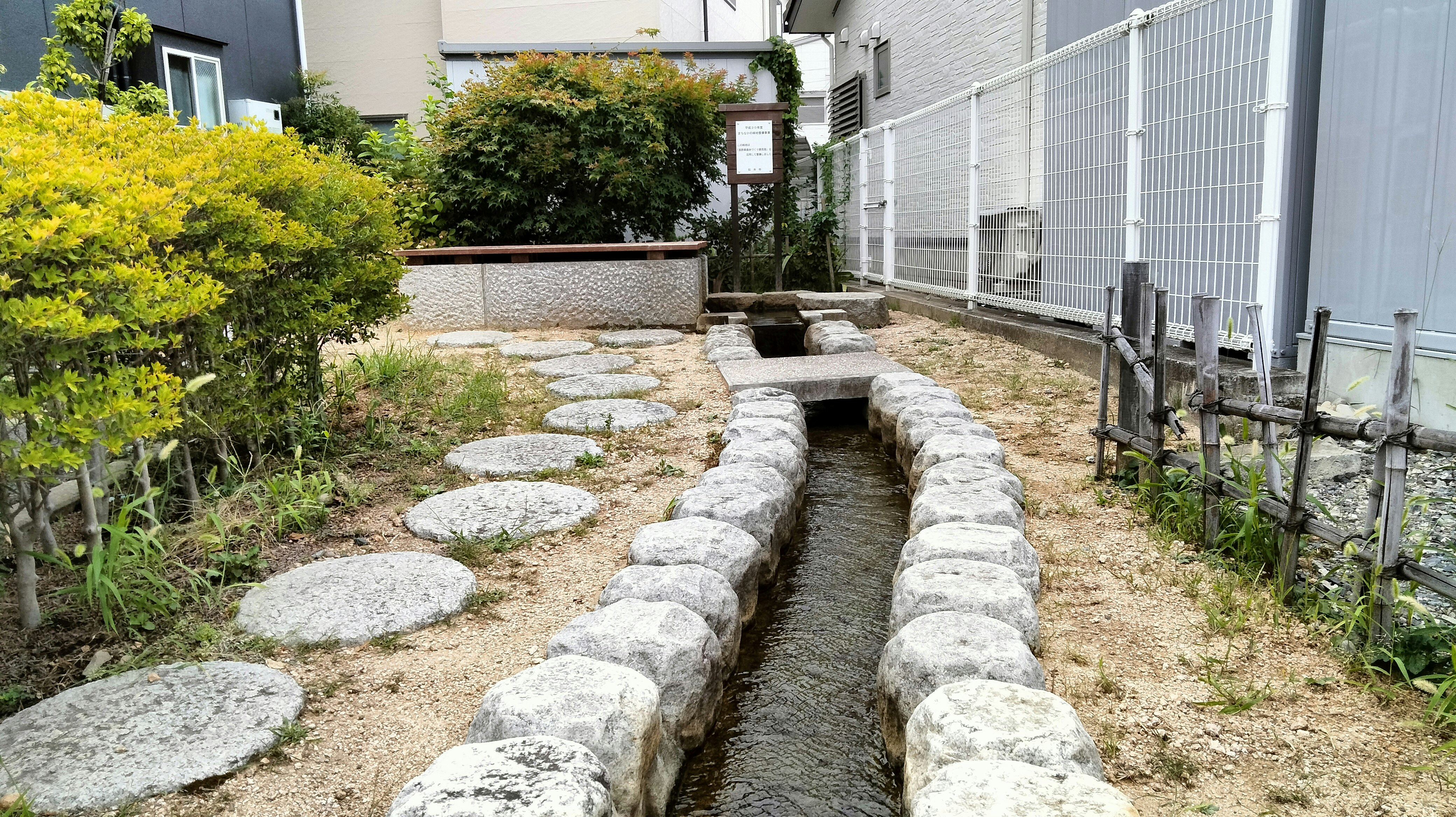 石砌边的小型花园水渠与灌木的室外庭院