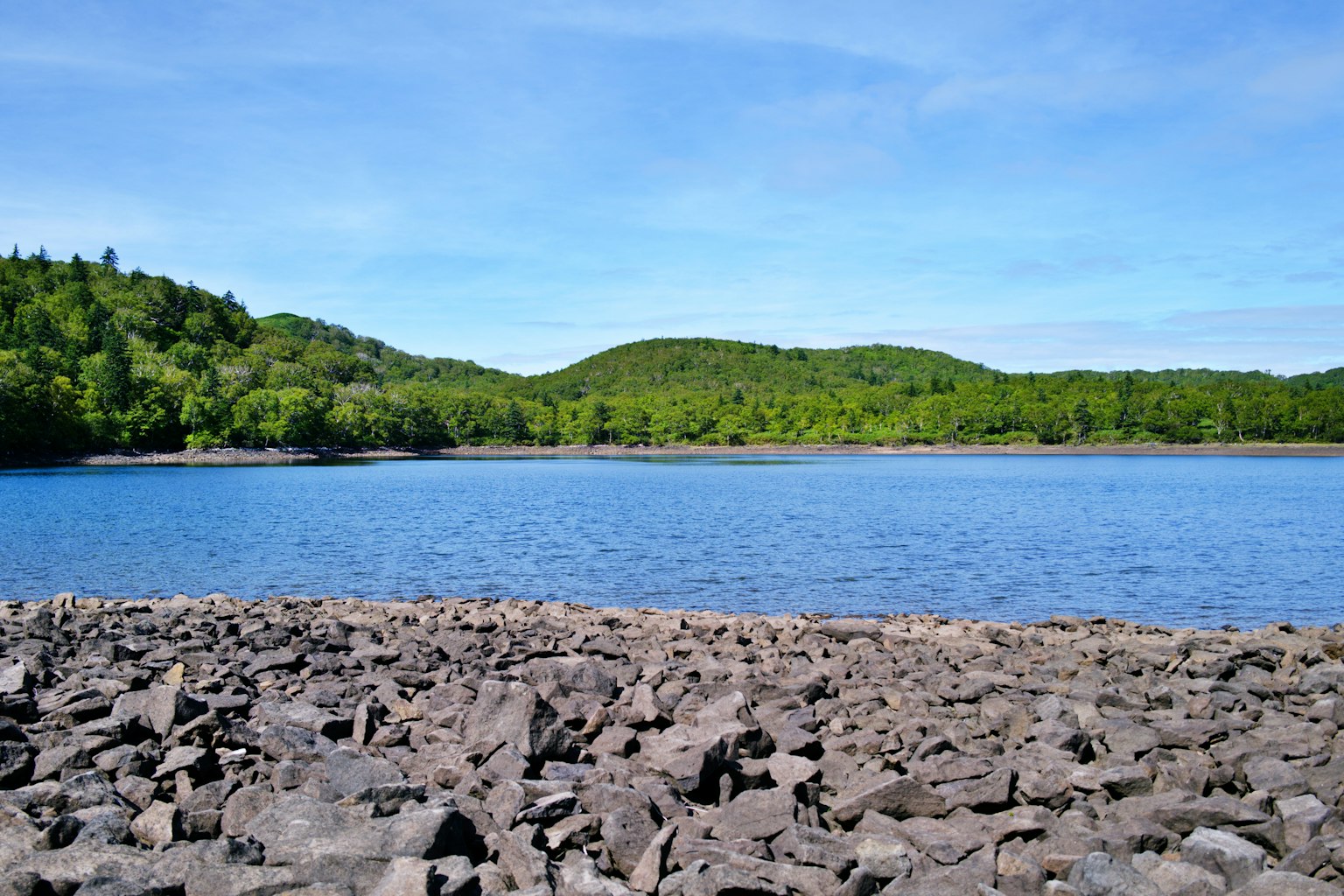 Malersicher Blick auf einen blauen See umgeben von grünen Hügeln steinige Küste