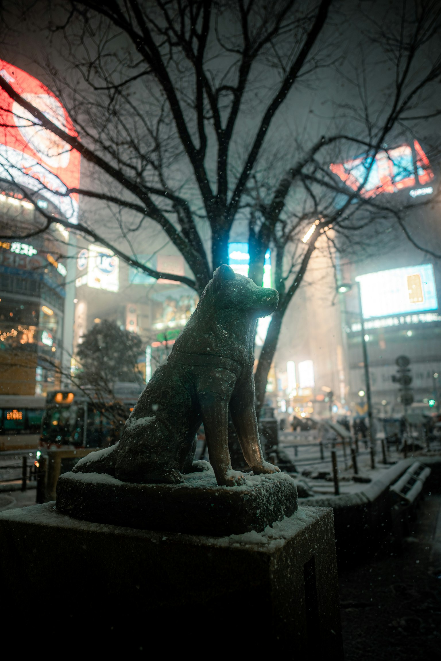 Estatua de Hachiko en la nieve con edificios iluminados al fondo