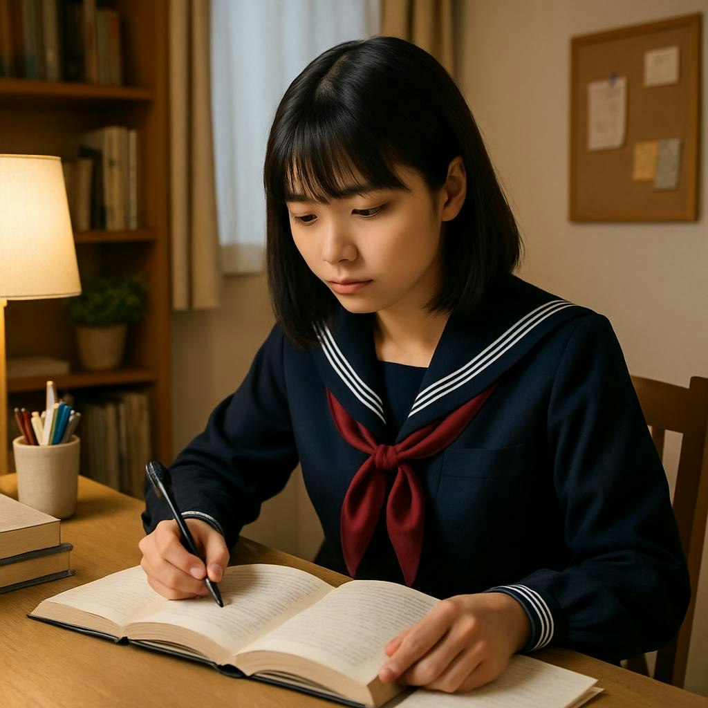 自室で勉強する制服姿の女子がノートに書き込む様子