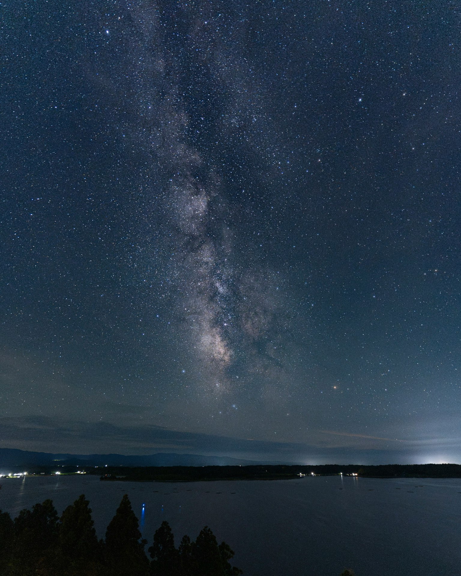 Langit malam yang indah dengan Galaksi Bima Sakti di atas danau dan pohon-pohon siluet