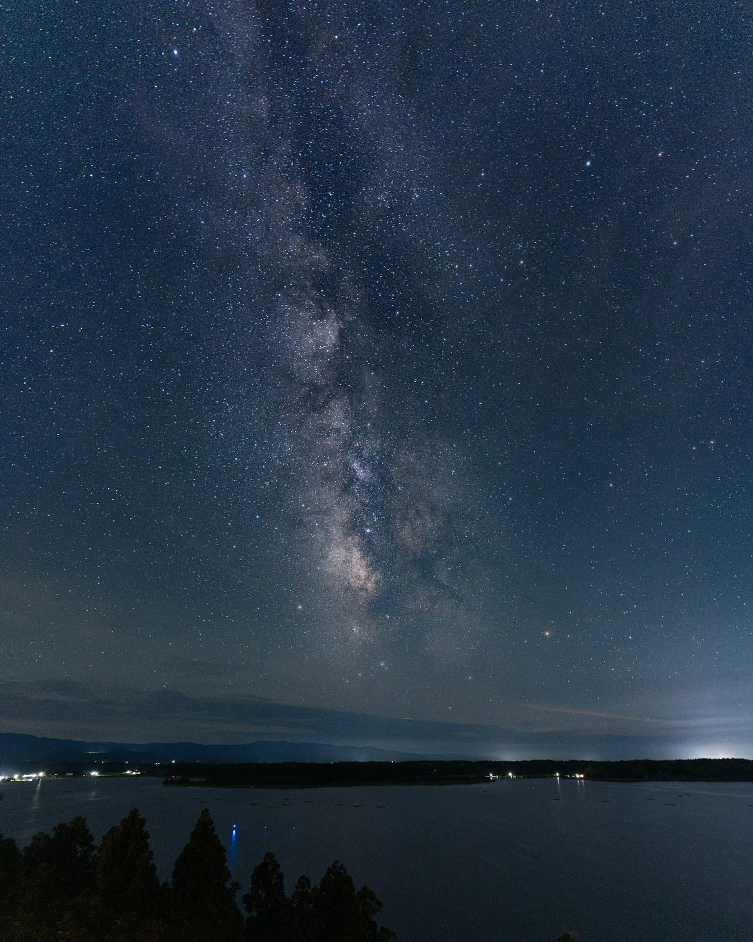 Langit malam yang indah dengan Galaksi Bima Sakti di atas danau dan pohon-pohon siluet