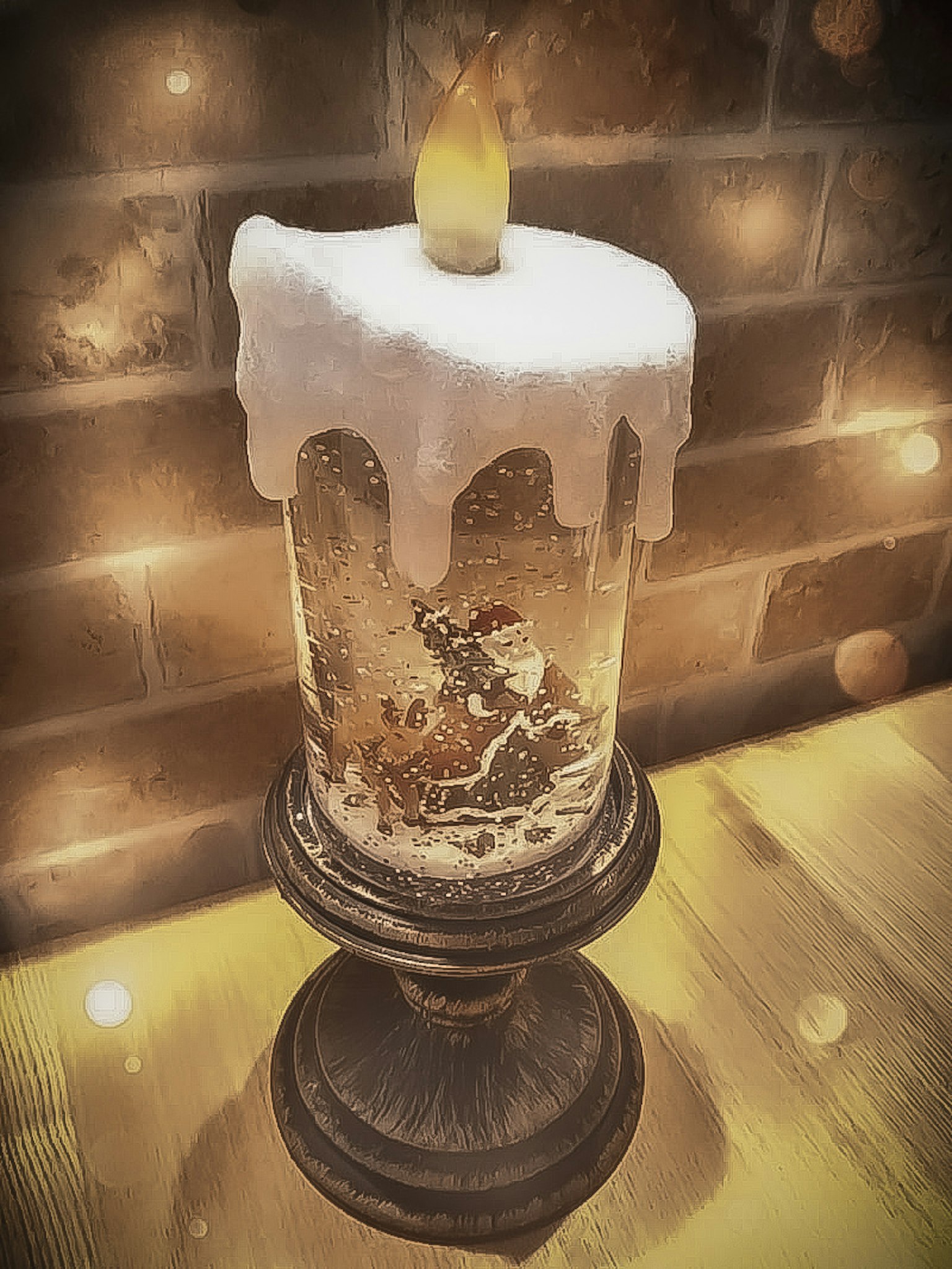 A candle-shaped decorative piece covered in snow emitting warm light