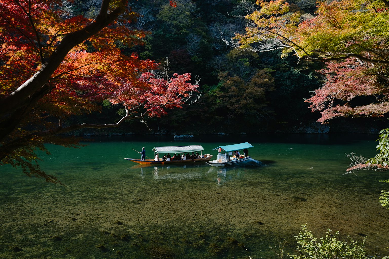 紅葉した木々に囲まれた静かな川でのボート