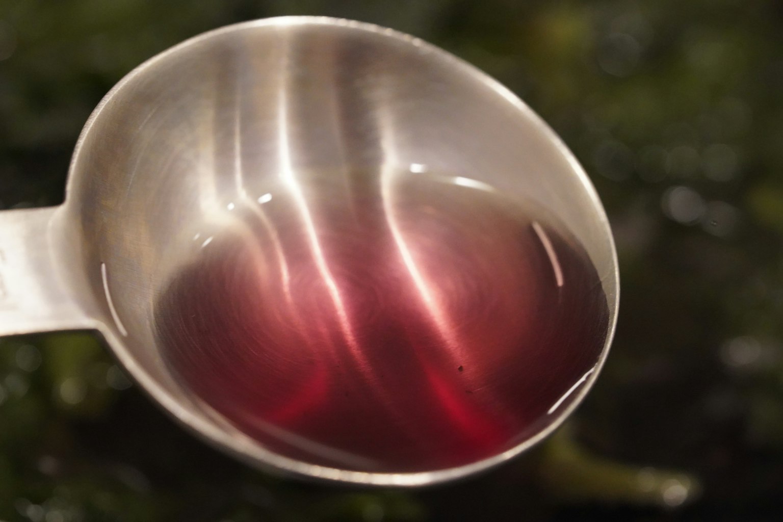 Gros plan d'une cuillère en acier inoxydable remplie de liquide rouge