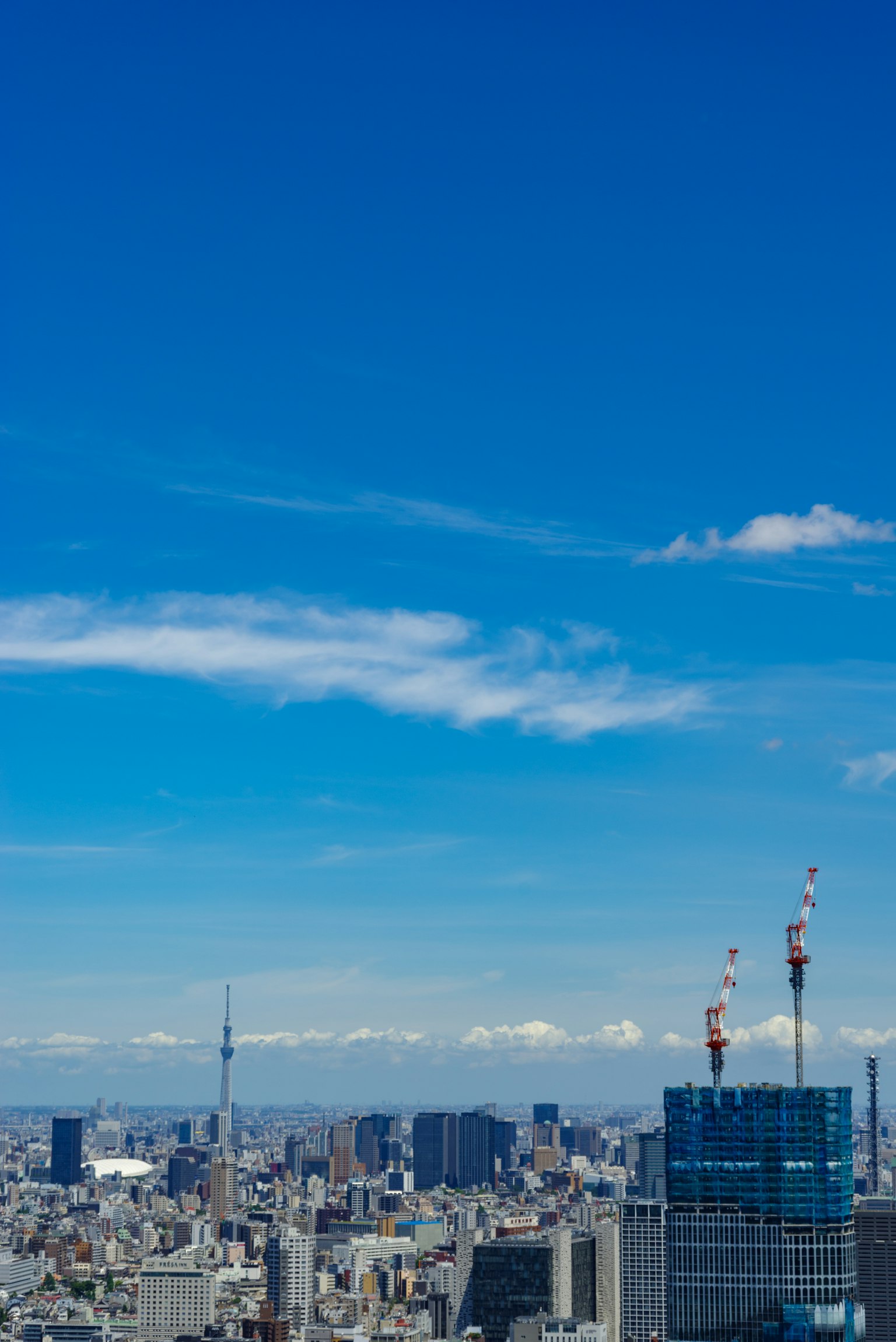 Pemandangan gedung pencakar langit Tokyo dengan langit biru dan pegunungan bersalju di kejauhan, termasuk Tokyo Skytree