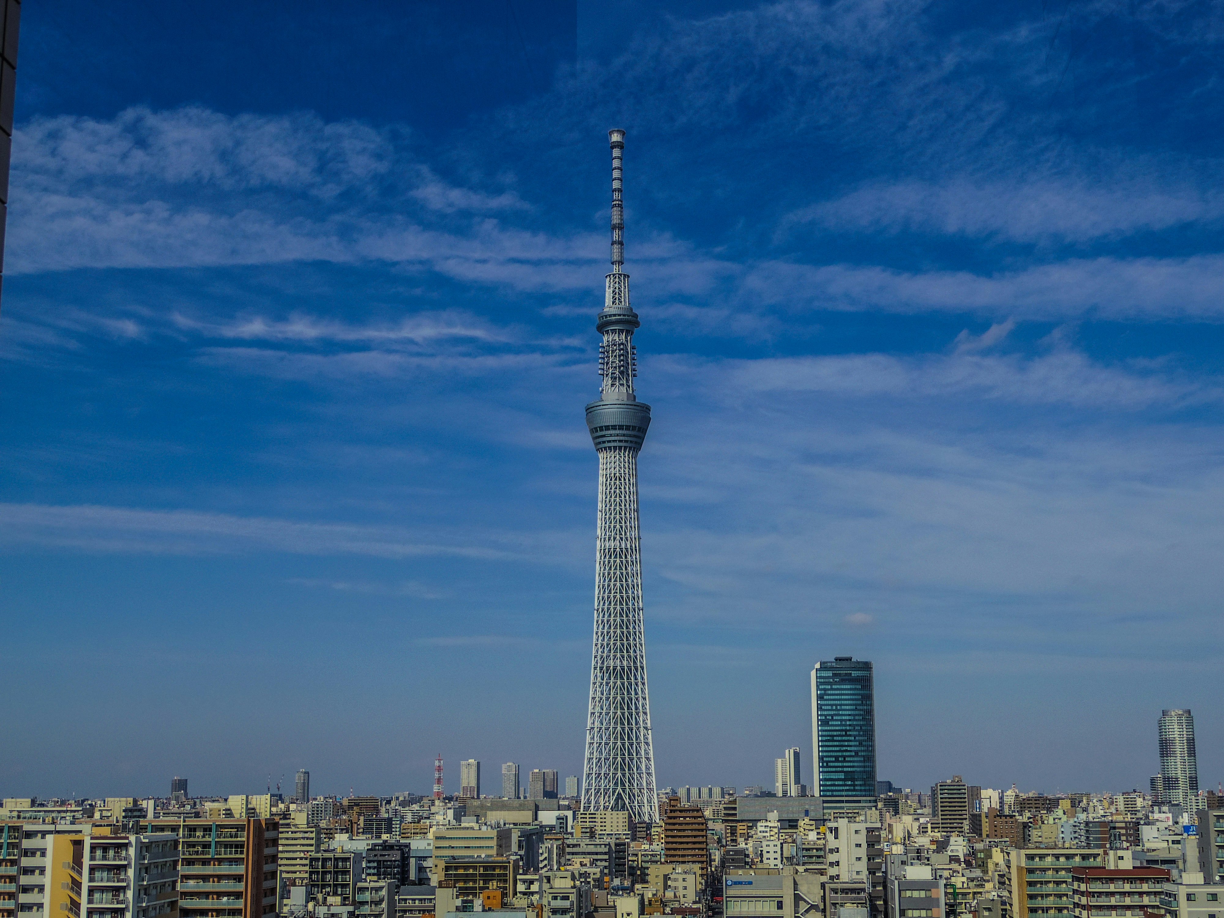 青空の下にそびえる東京スカイツリーと都心の街並み
