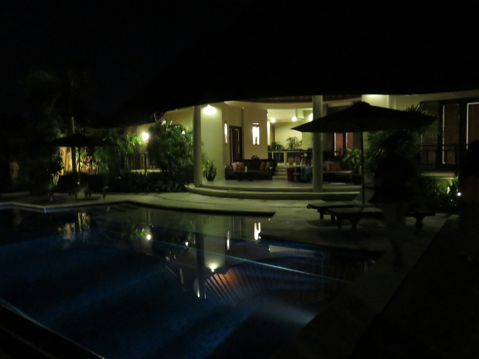 Luxurious house illuminated at night with a pool and garden