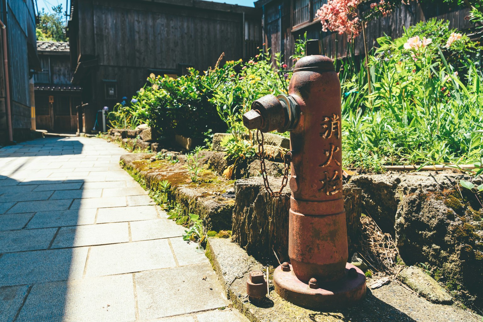 Roter Hydrant neben einem Gartenweg