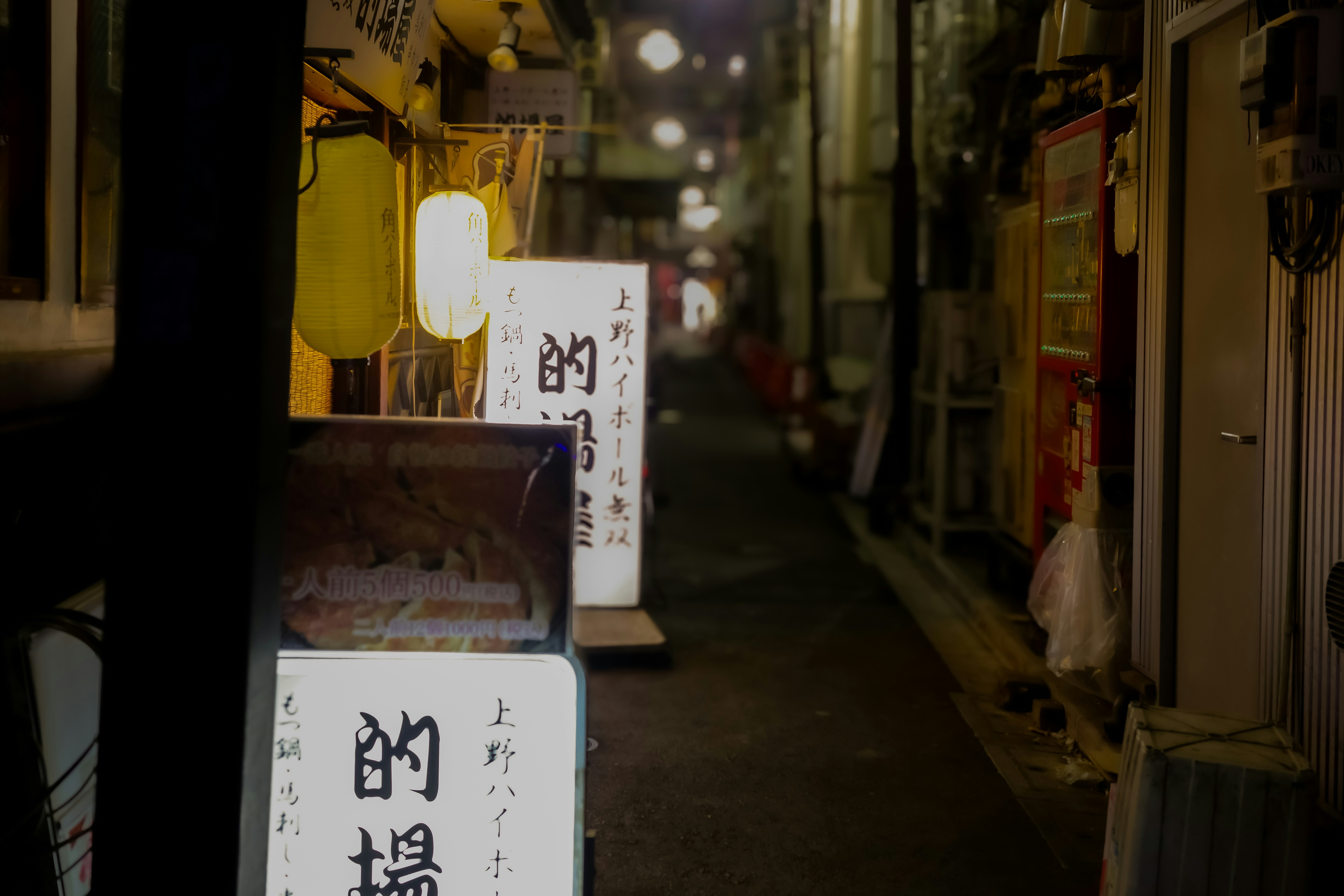 路地に並ぶ提灯と看板のある夜の商店街