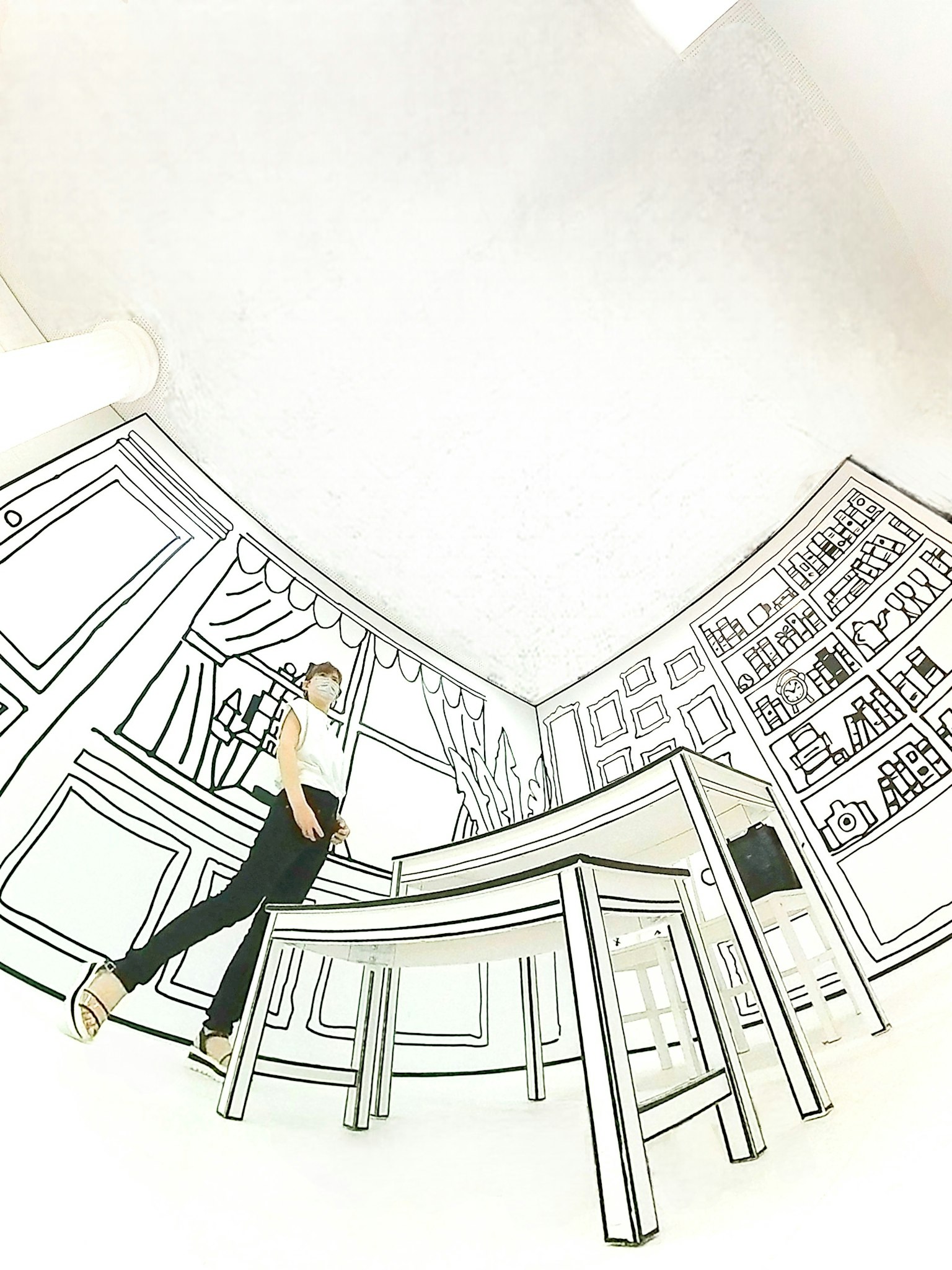 Illustrazione di un uomo in piedi vicino a un tavolo in una stanza Atmosfera luminosa con luce che entra dalla finestra