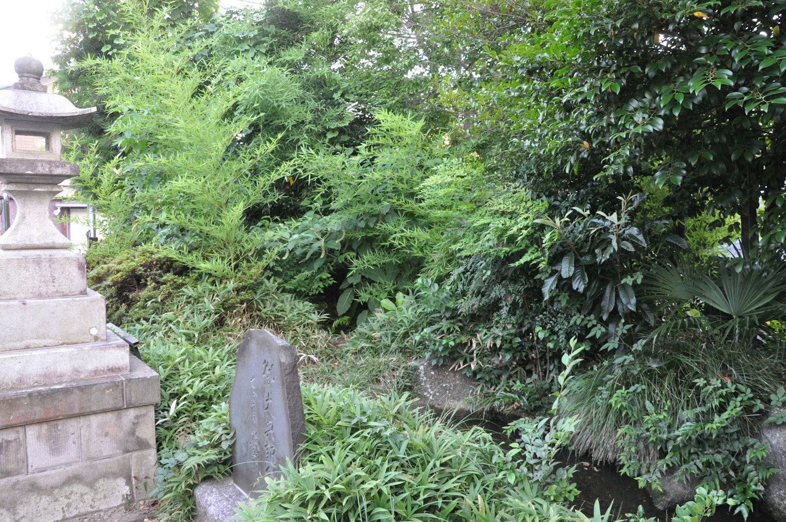 Lush garden scene featuring stone sculpture and bamboo