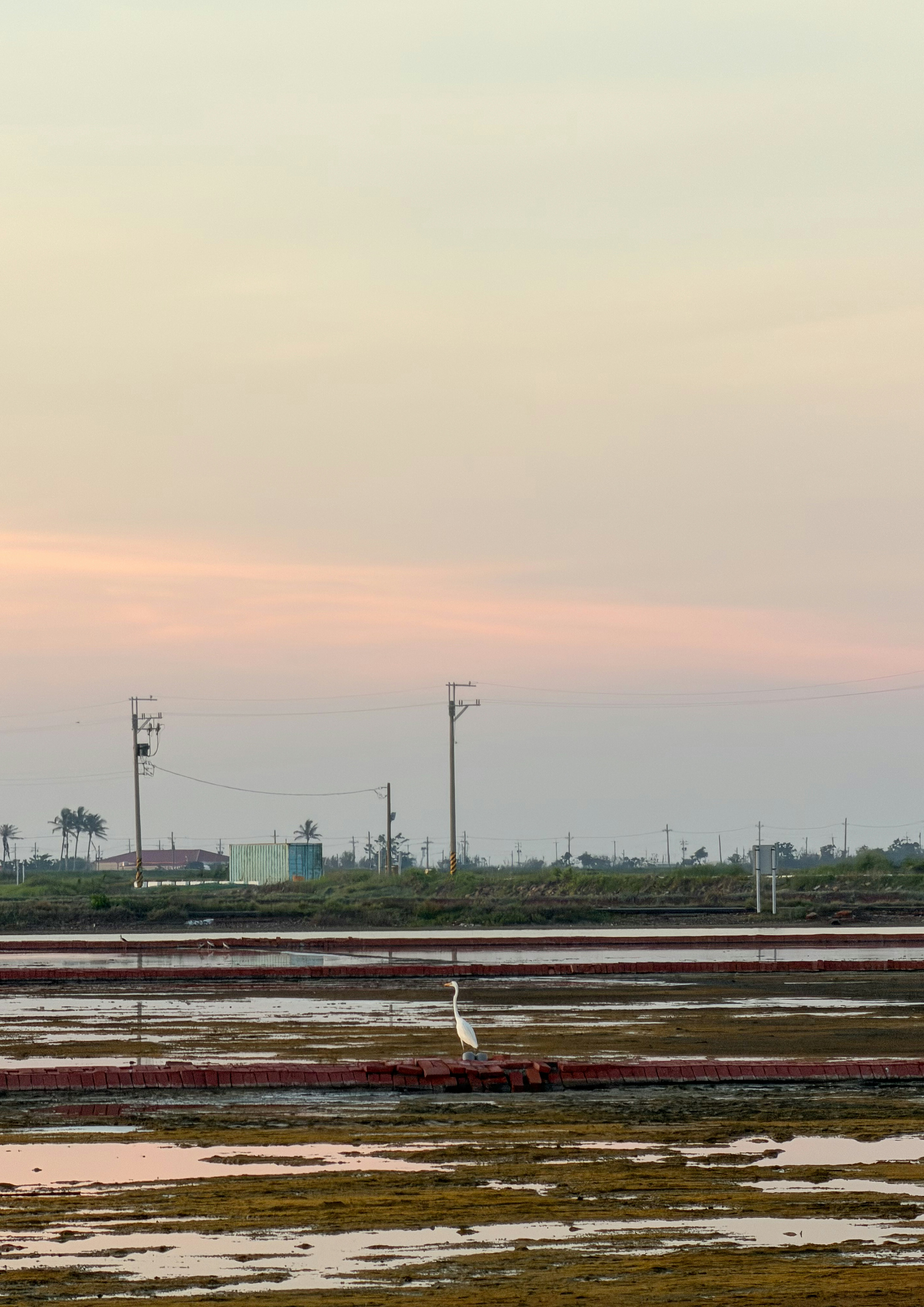 夕暮れの田んぼと線路のある風景