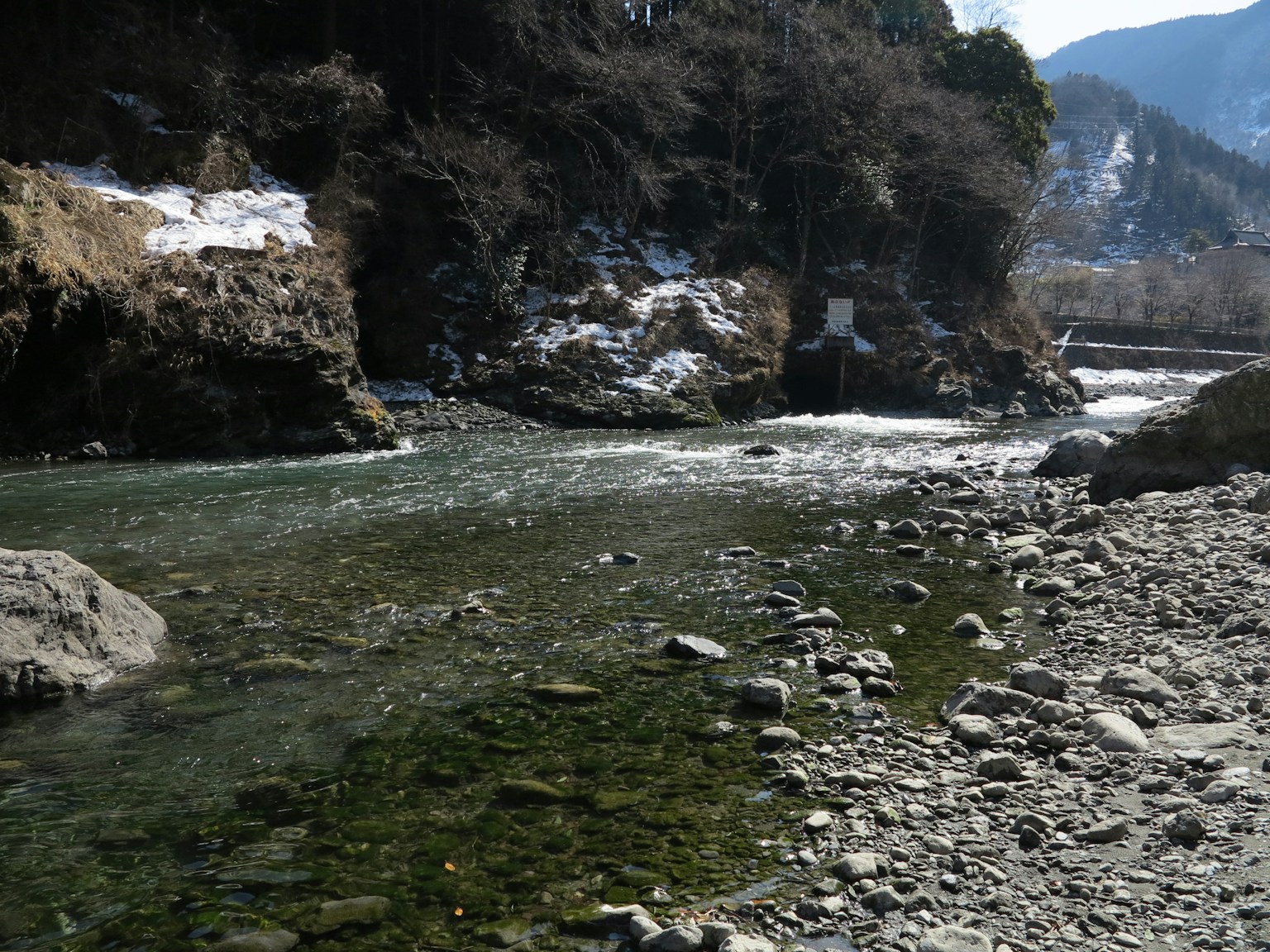 Une rivière qui coule avec des pierres éparpillées et une verdure environnante