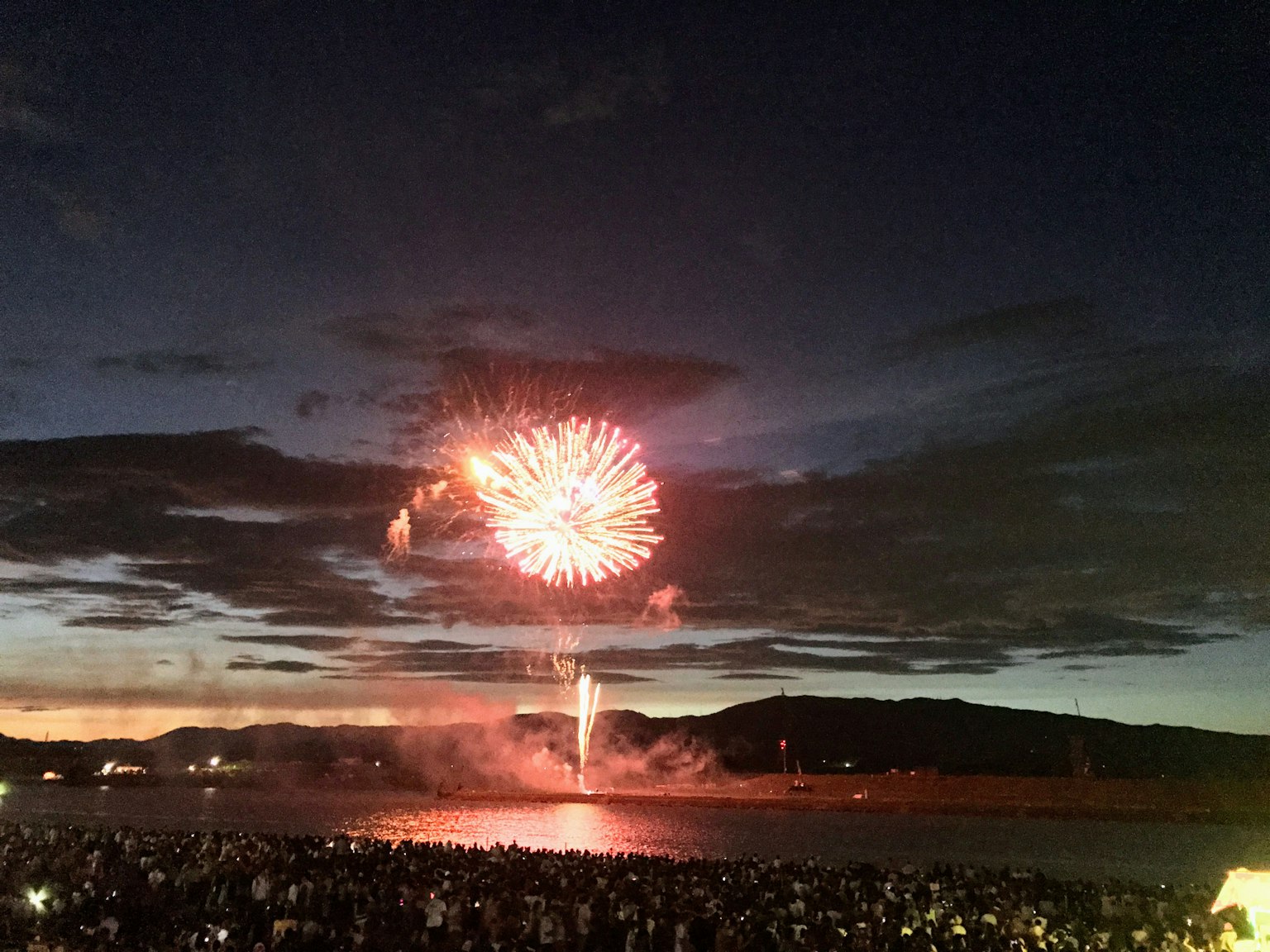 Fuochi d'artificio che esplodono nel cielo notturno con una folla che osserva