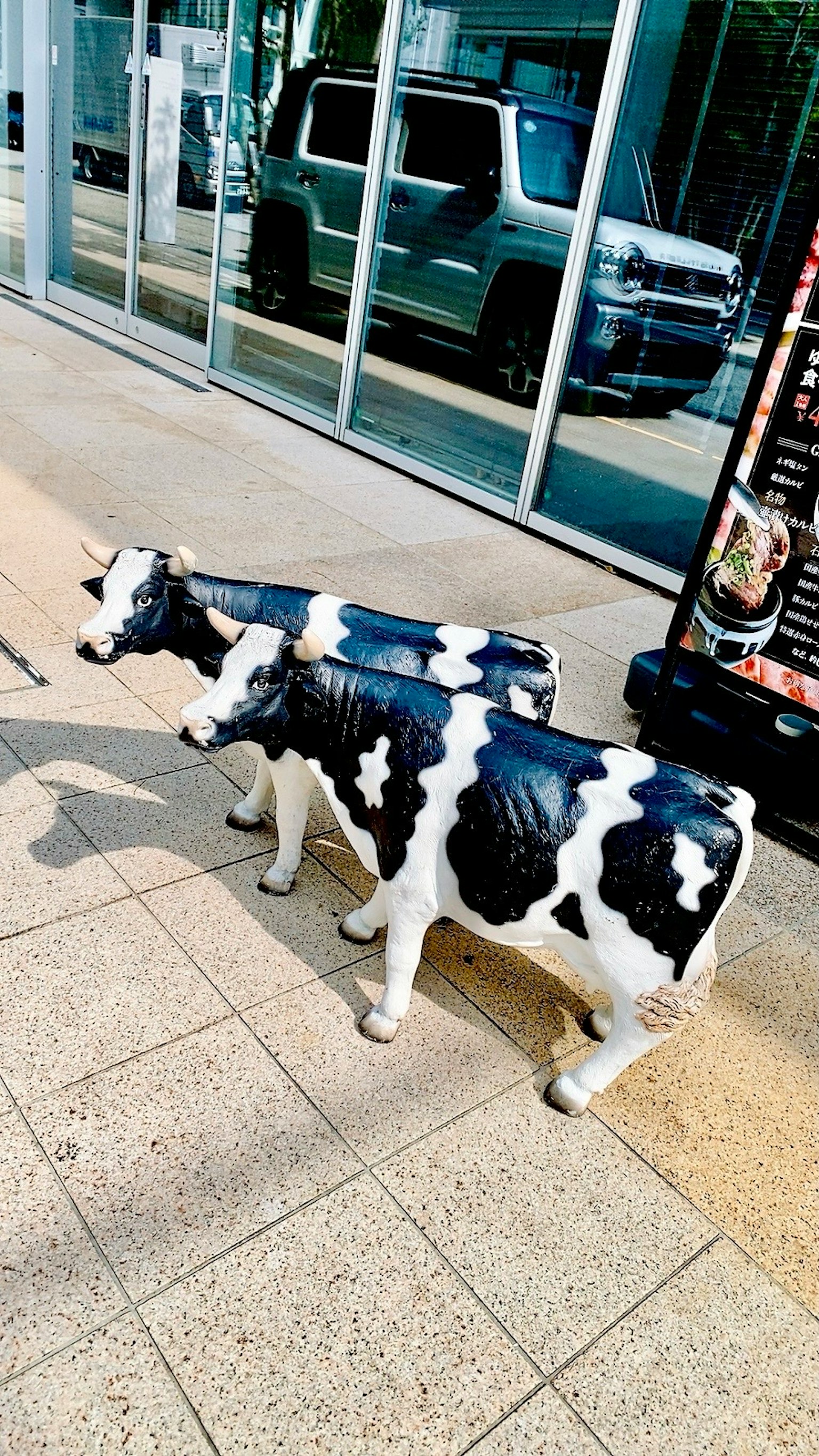 Two black and white cow sculptures standing outside a modern building