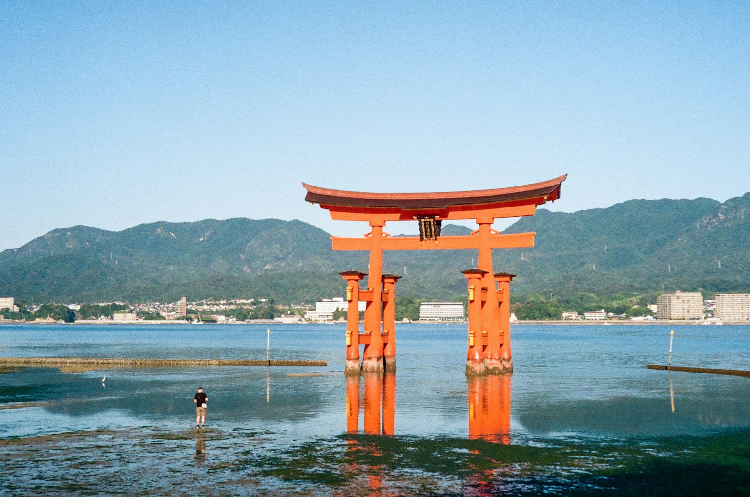Cổng torii lớn phản chiếu trên mặt nước dưới bầu trời xanh rõ ràng