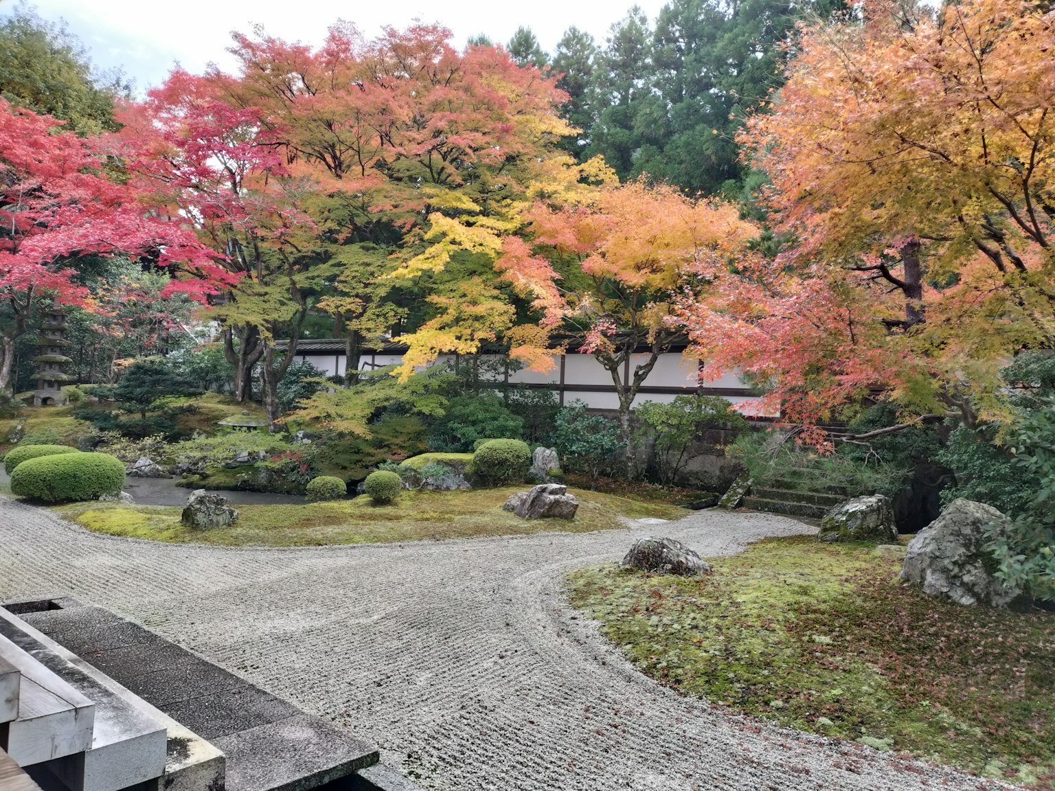 Vista escénica de un jardín japonés con follaje otoñal vibrante y rocas