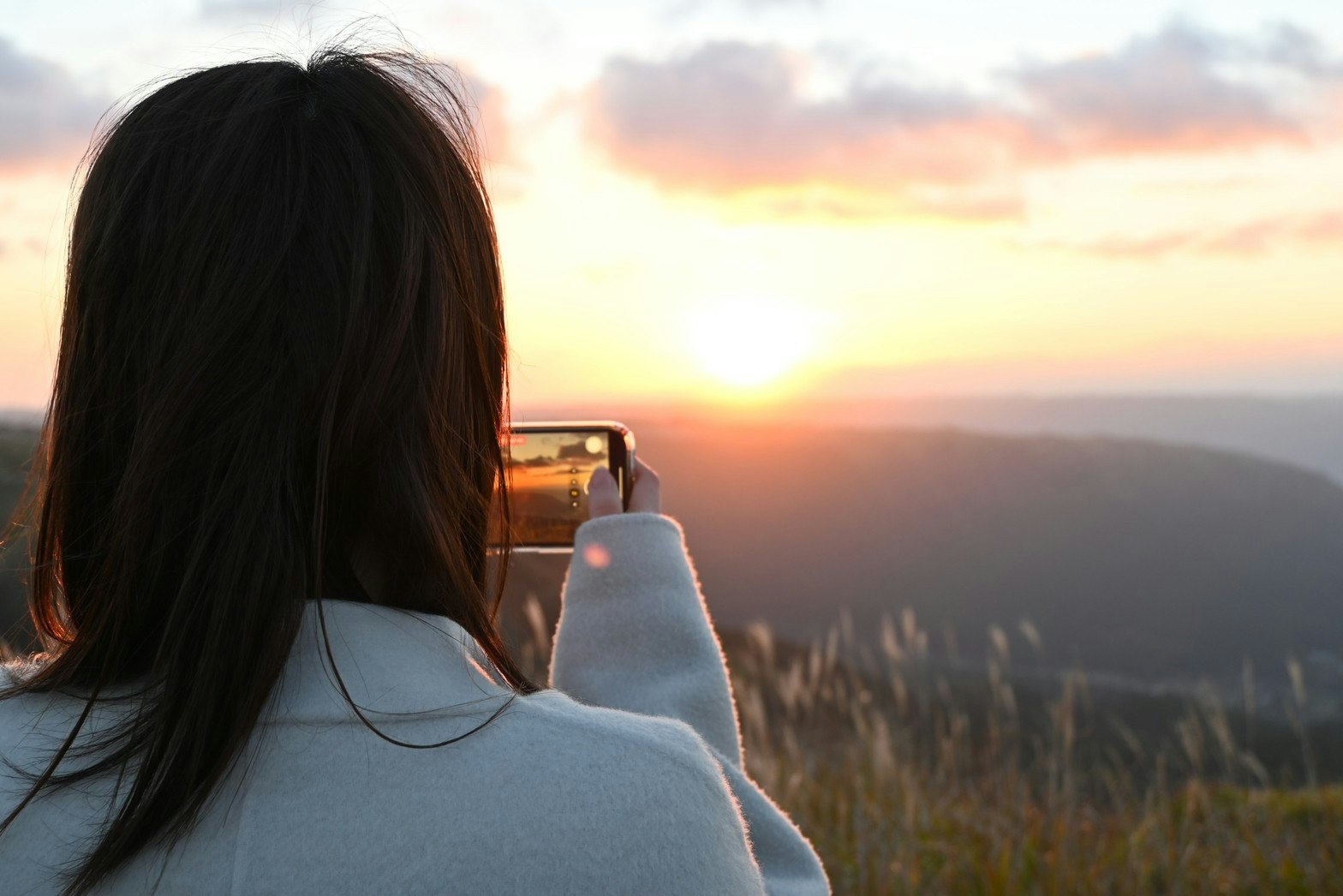 夕焼けの草原を見つめる女性の後ろ姿
