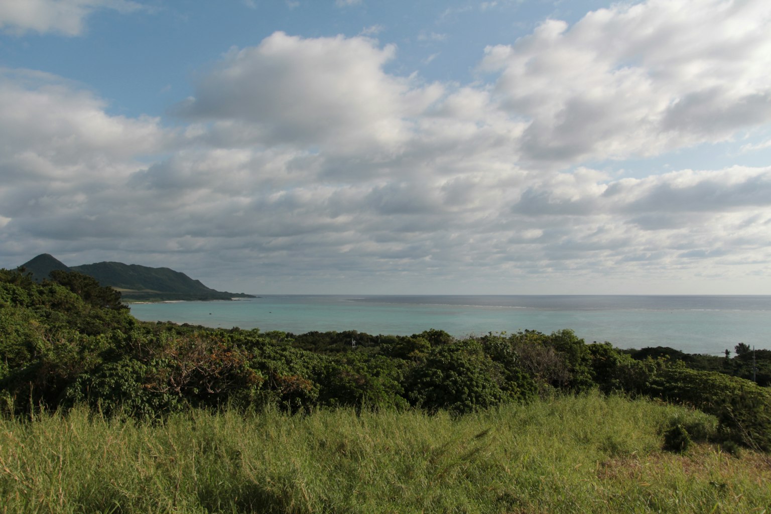 藍色海洋和雲的風景，綠色草地和山脈
