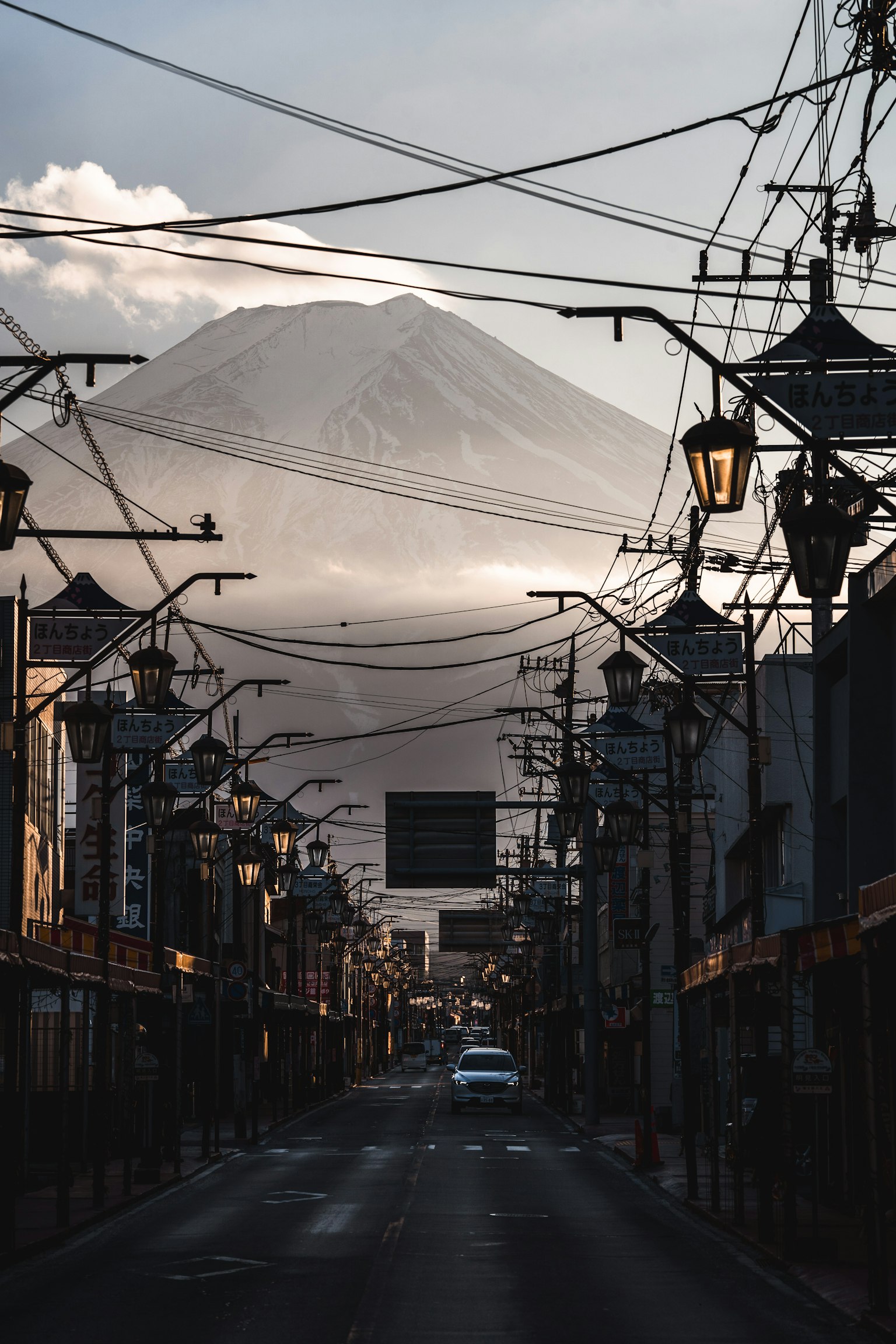 Quiet street view with Mount Fuji in the background