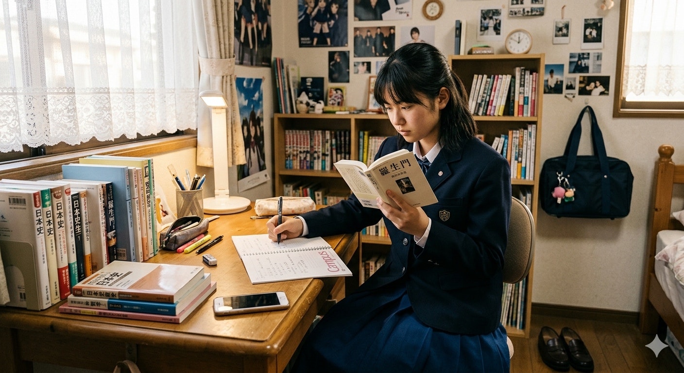 Una donna studia alla scrivania nella sua stanza, scrivendo su un quaderno
