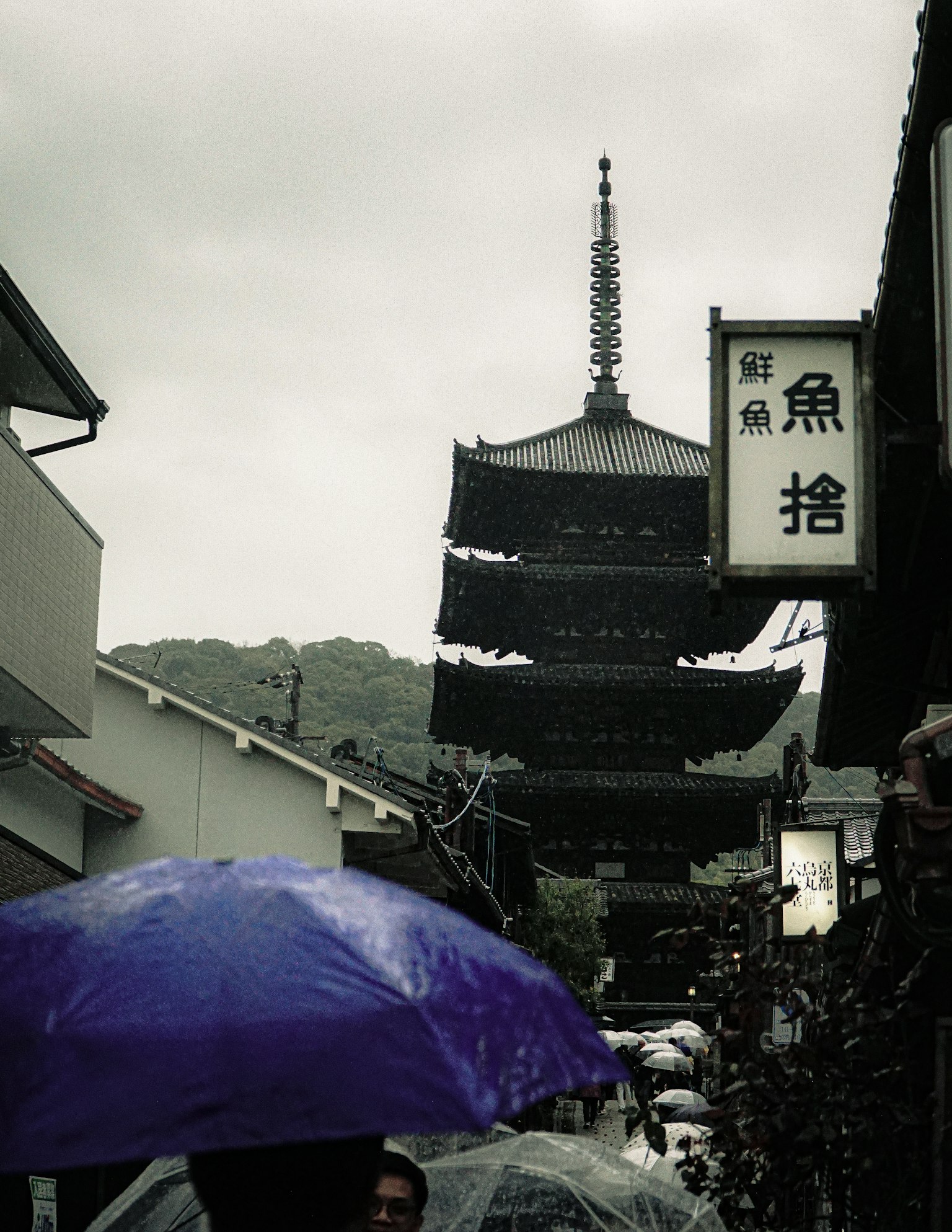 Scenic view of a pagoda with an umbrella in the rain