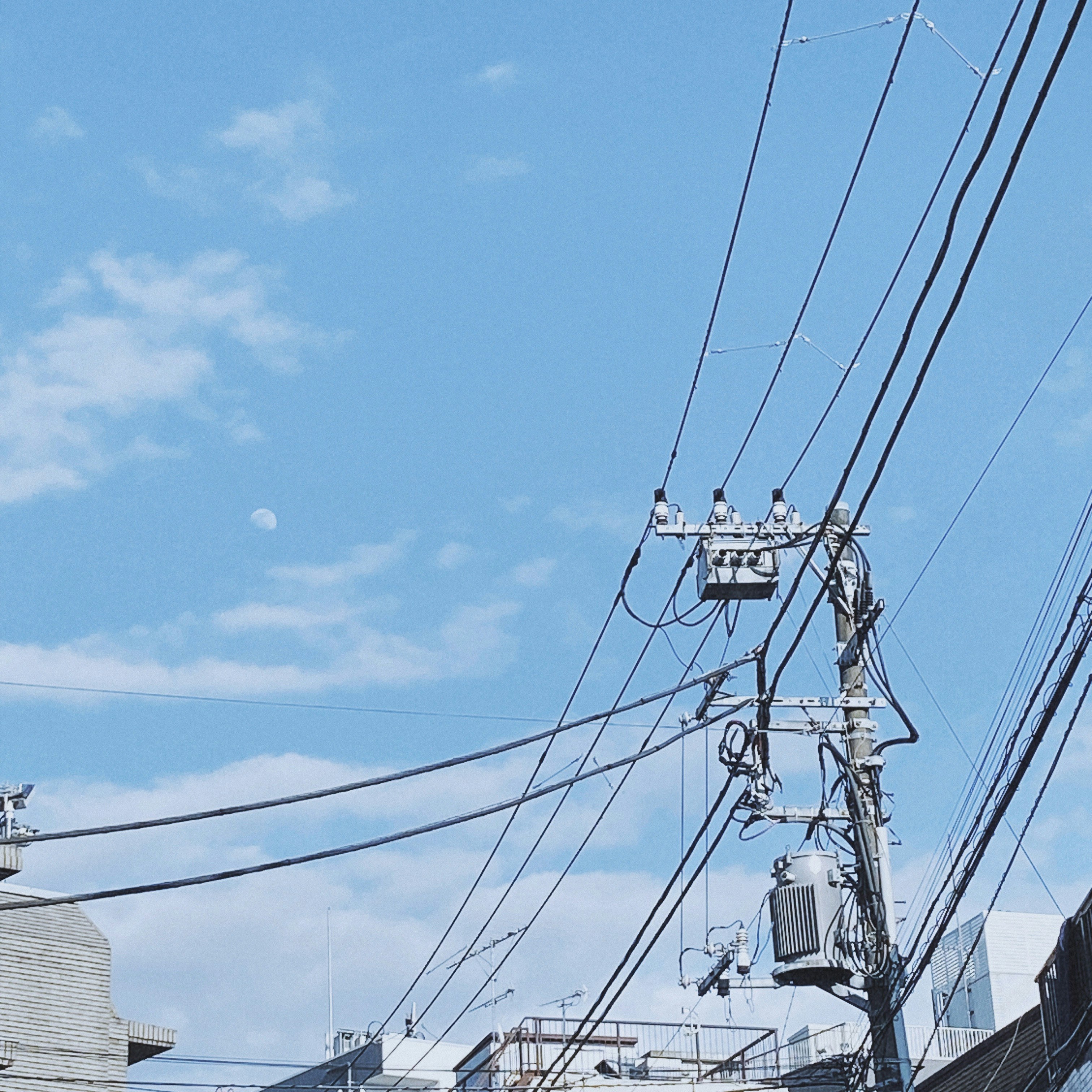 poteaux électriques et lignes électriques sous un ciel bleu