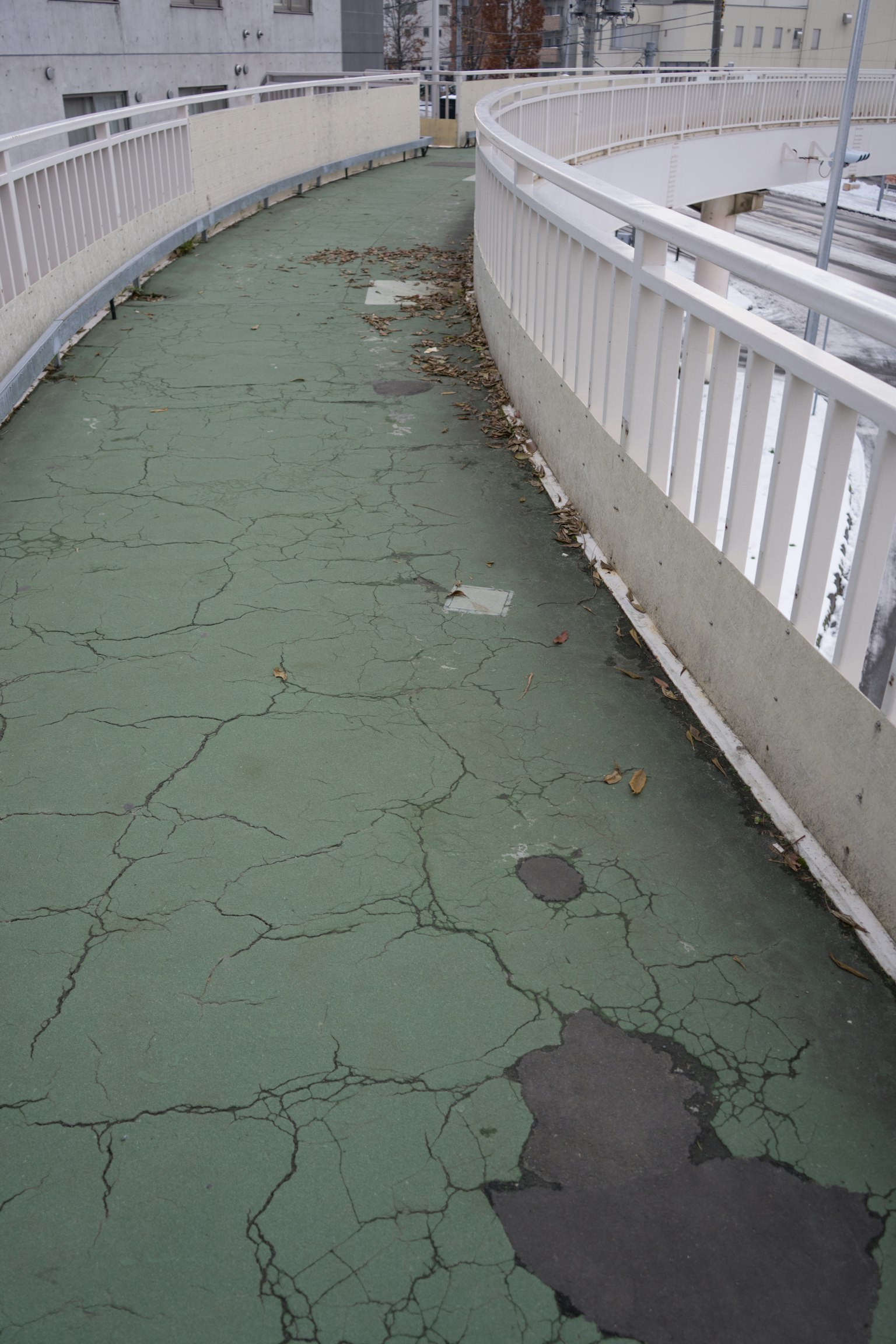 Passerelle courbée avec un pavé vert fissuré et une balustrade blanche
