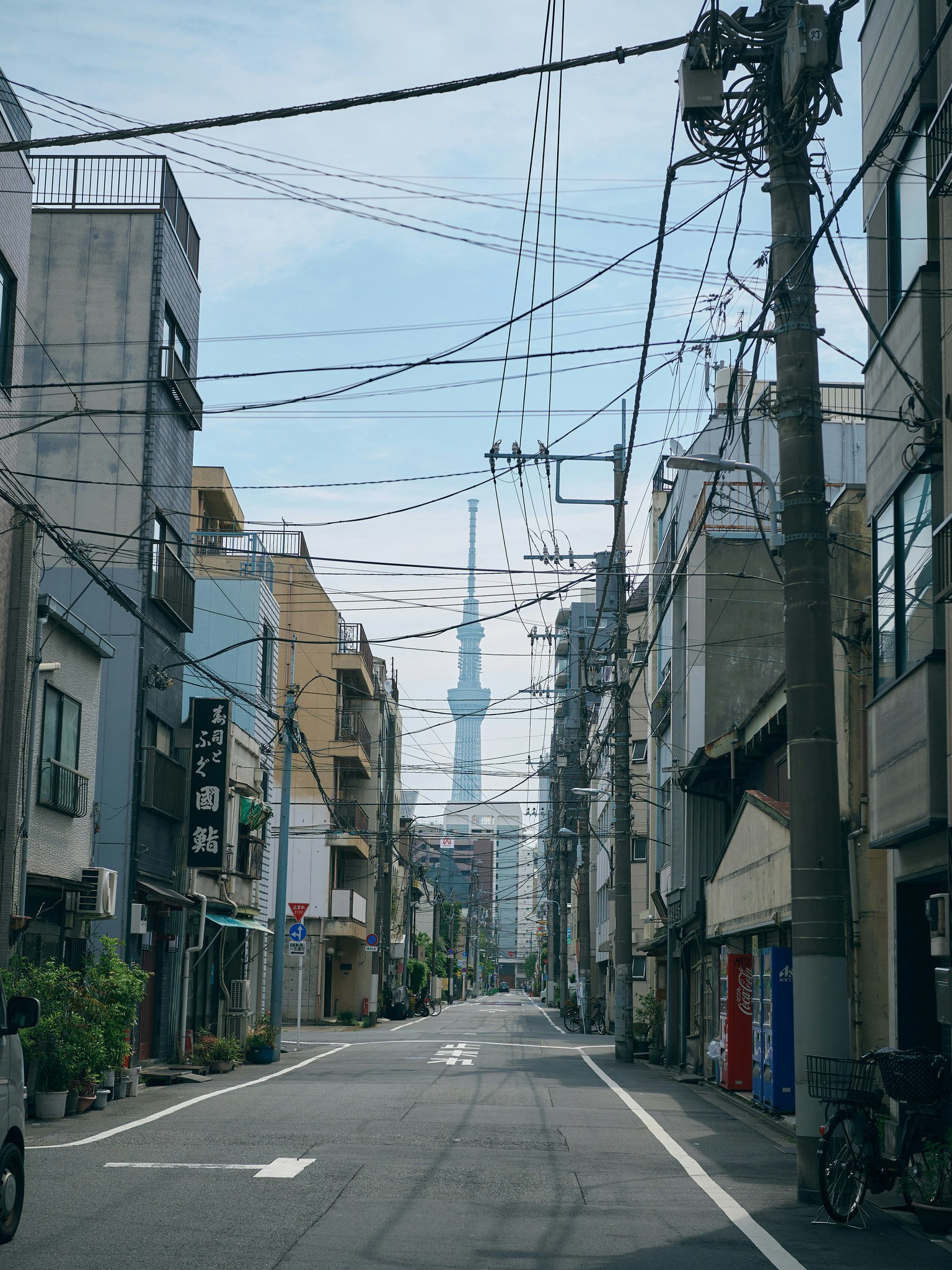下町スカイツリーを望む電線の張り巡らされた商店街の街路