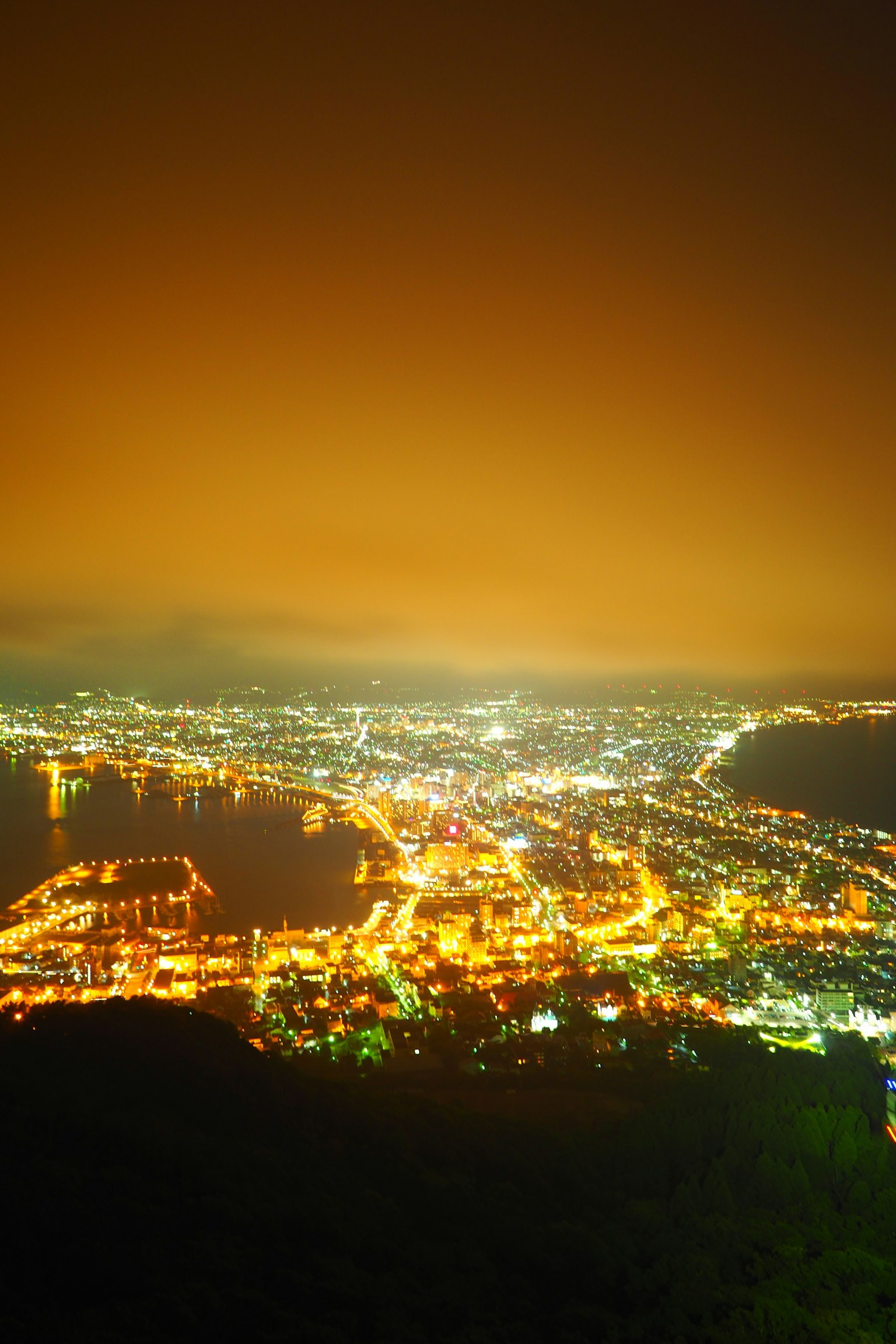 Vista nocturna de un paisaje urbano con luces brillantes y puerto