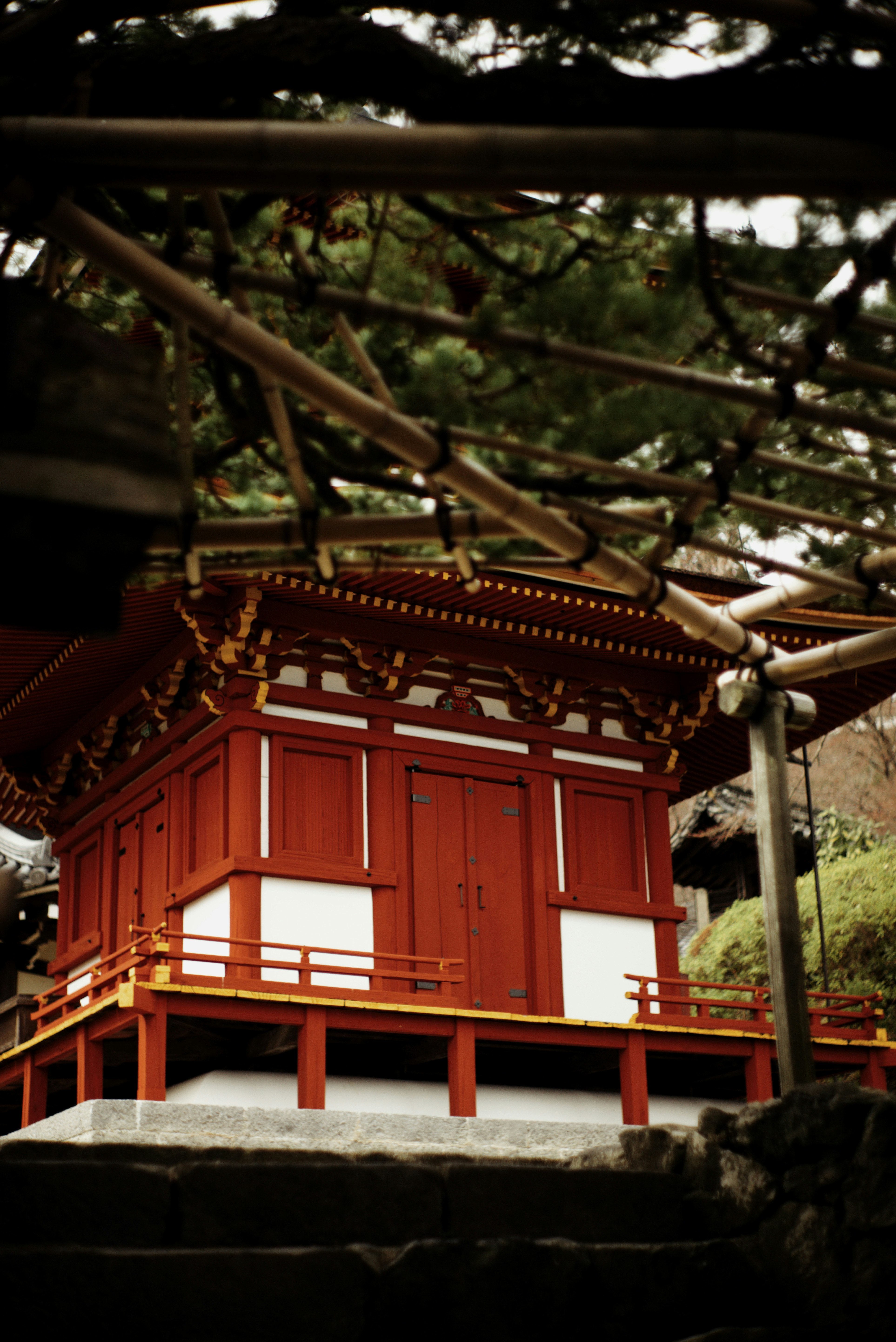 京都・善峯寺の朱塗りの建物と木の梁が見える景観