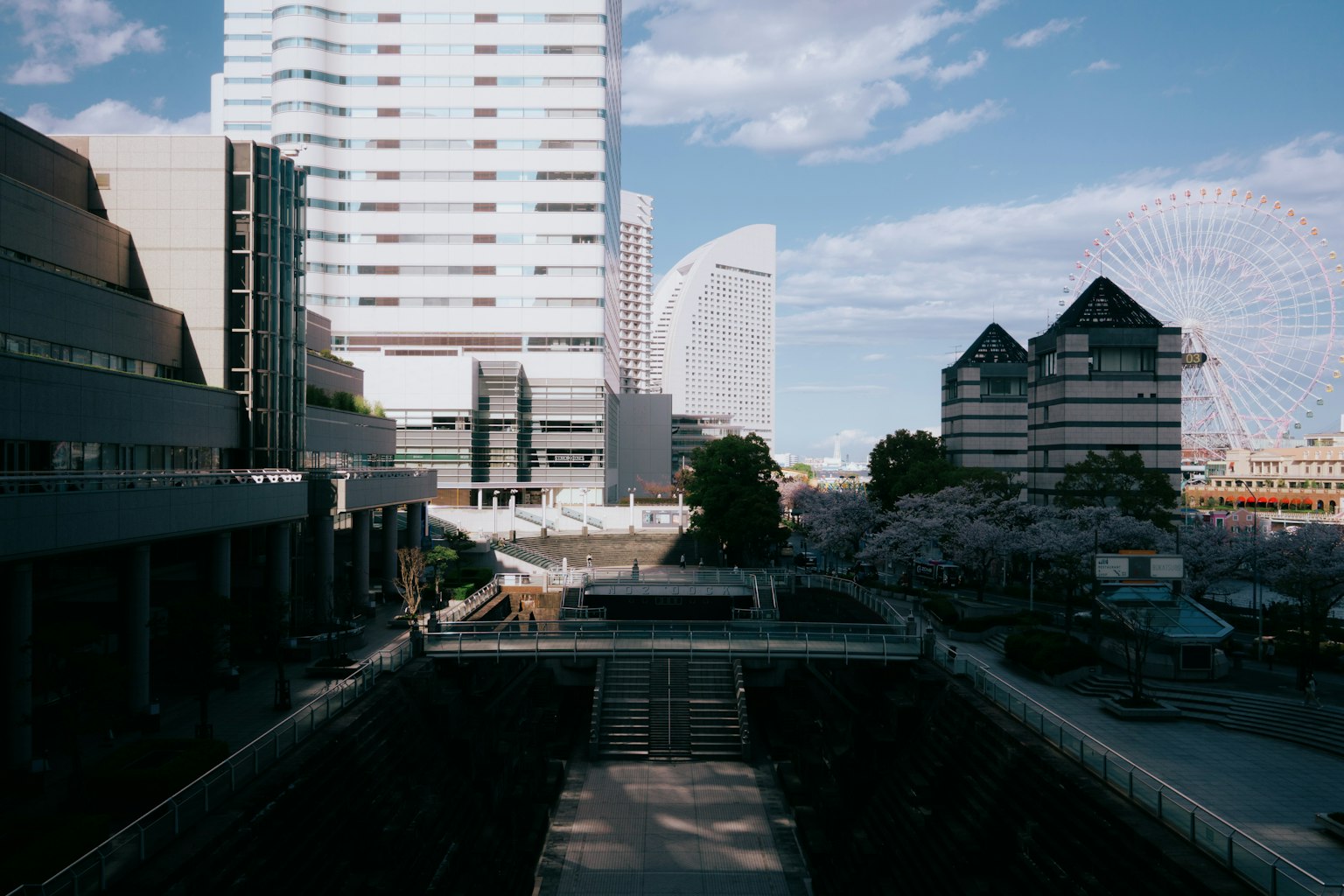 Paysage urbain avec des bâtiments modernes et des cerisiers en fleurs