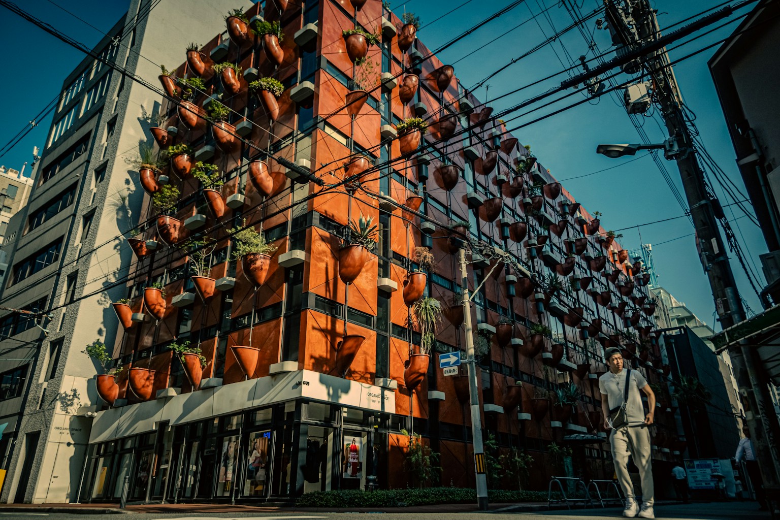 Einzigartiges oranges Gebäude mit befestigten Blumentöpfen und einem Passanten