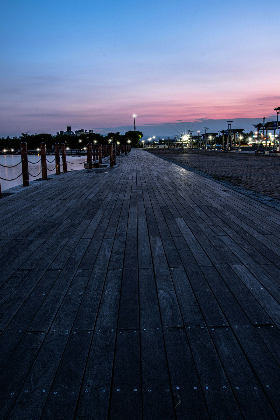 夕暮れの海辺の遊歩道と街の灯りが続く景色