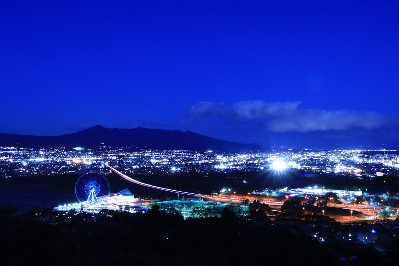 Ciudad vibrante de noche con una noria y un puente