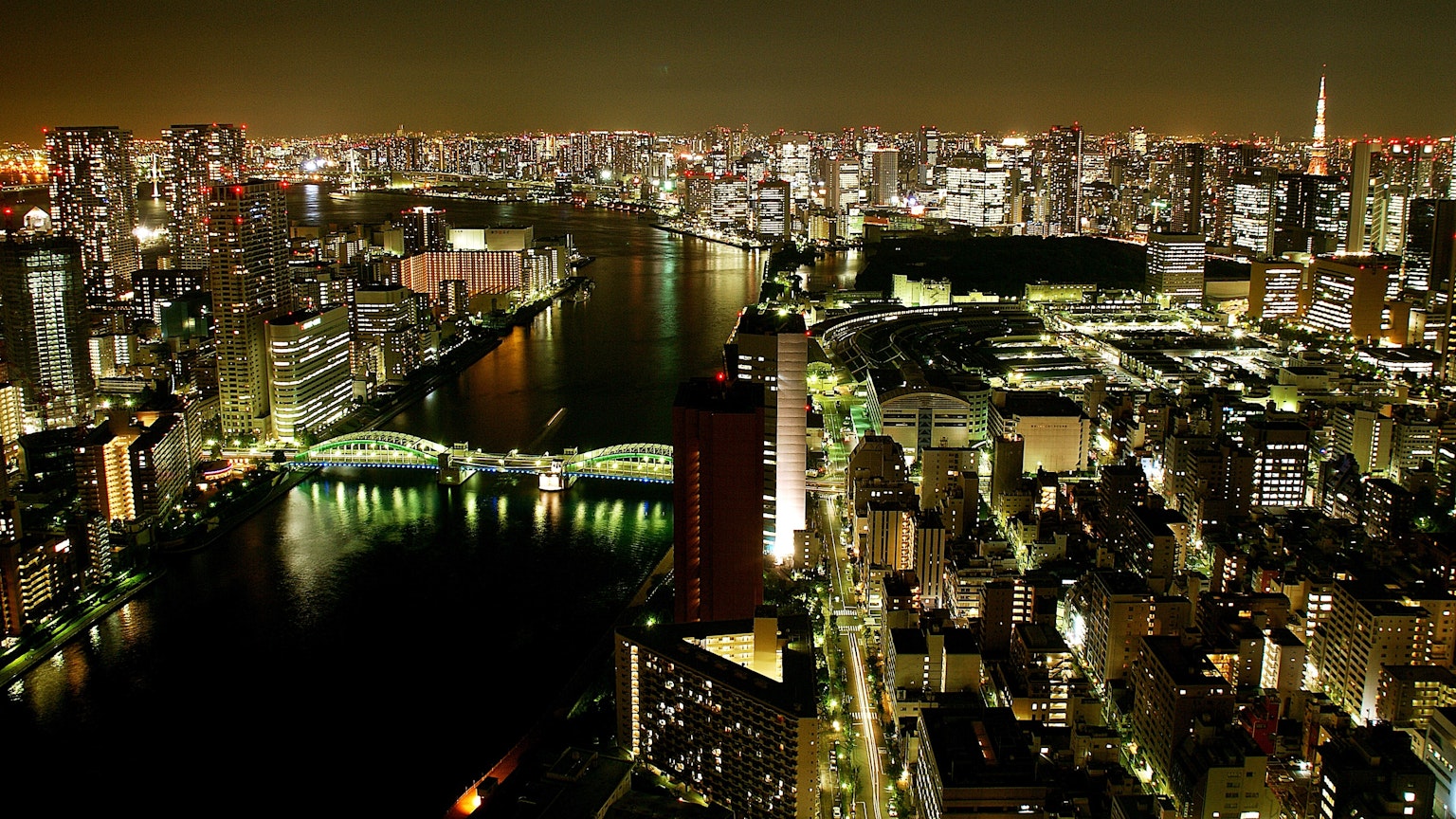 Stupenda vista notturna di Tokyo con edifici illuminati e fiume