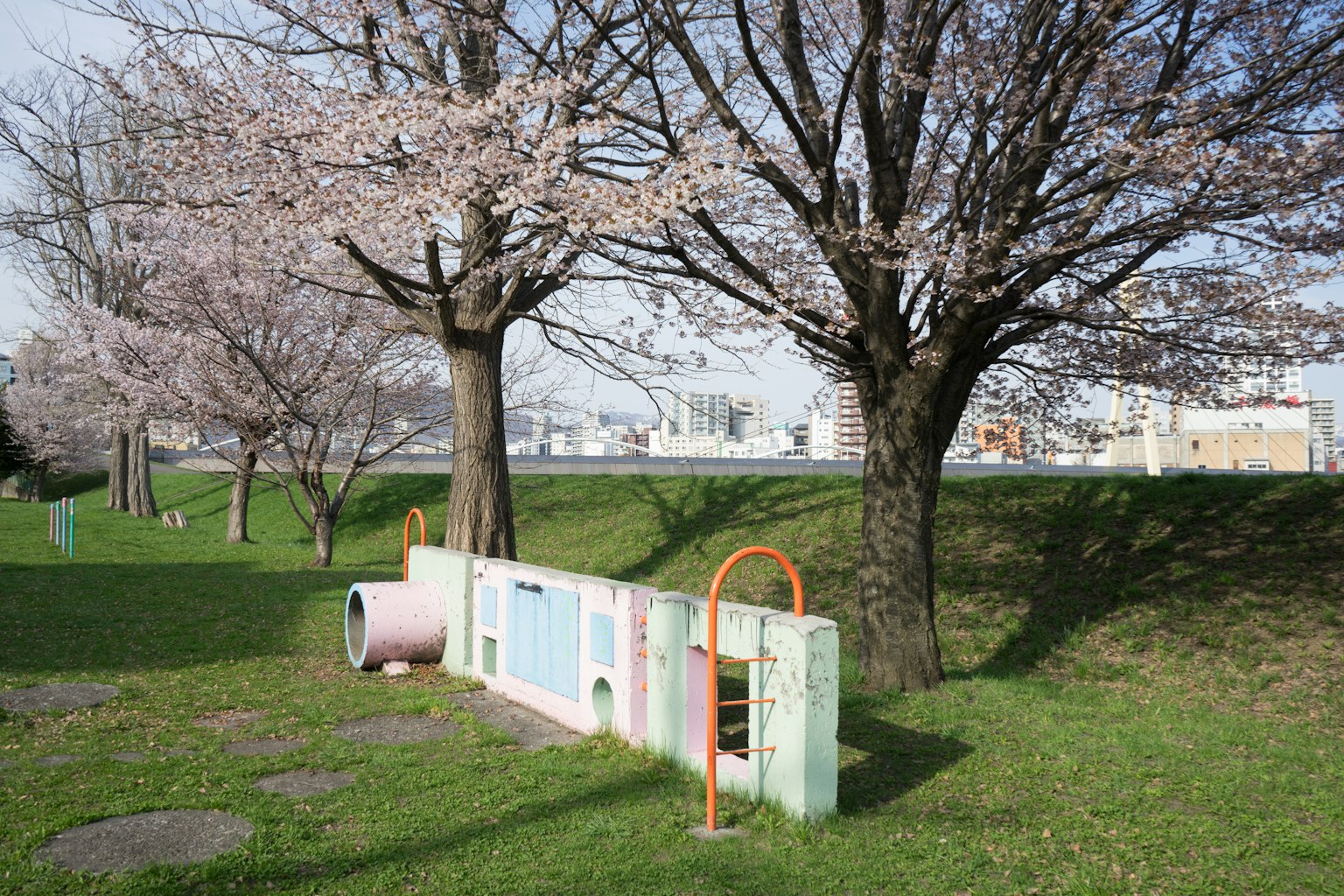 Pemandangan taman dengan pohon sakura dan peralatan bermain berwarna-warni