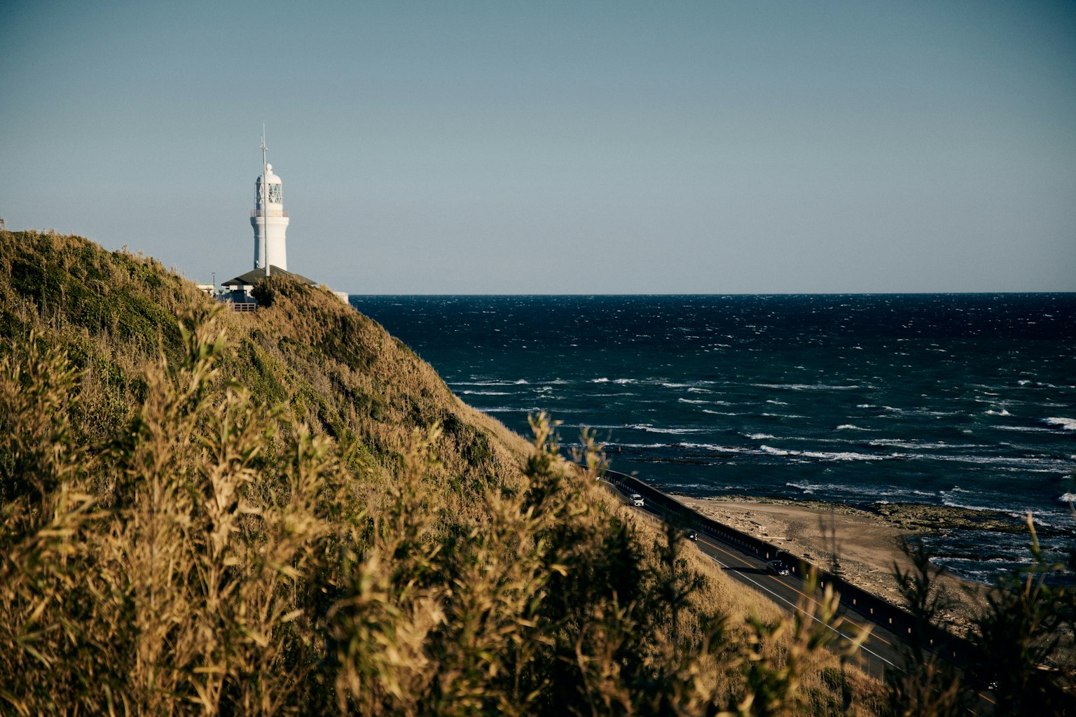 Küstenleuchtturm mit grasigem Gelände und Blick auf den Ozean