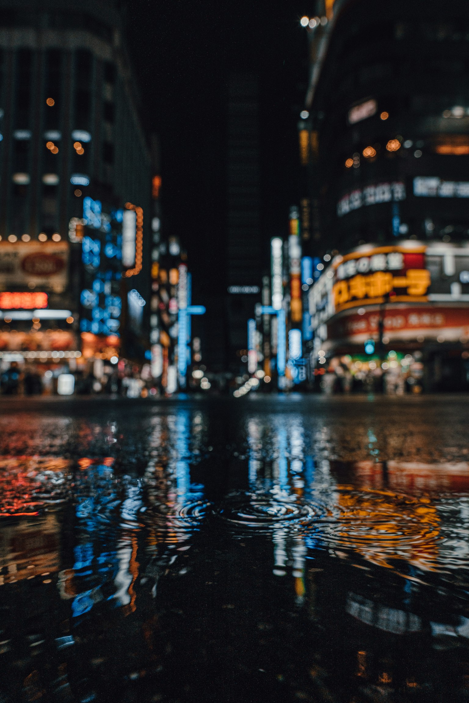Reflections of neon lights on wet pavement at night