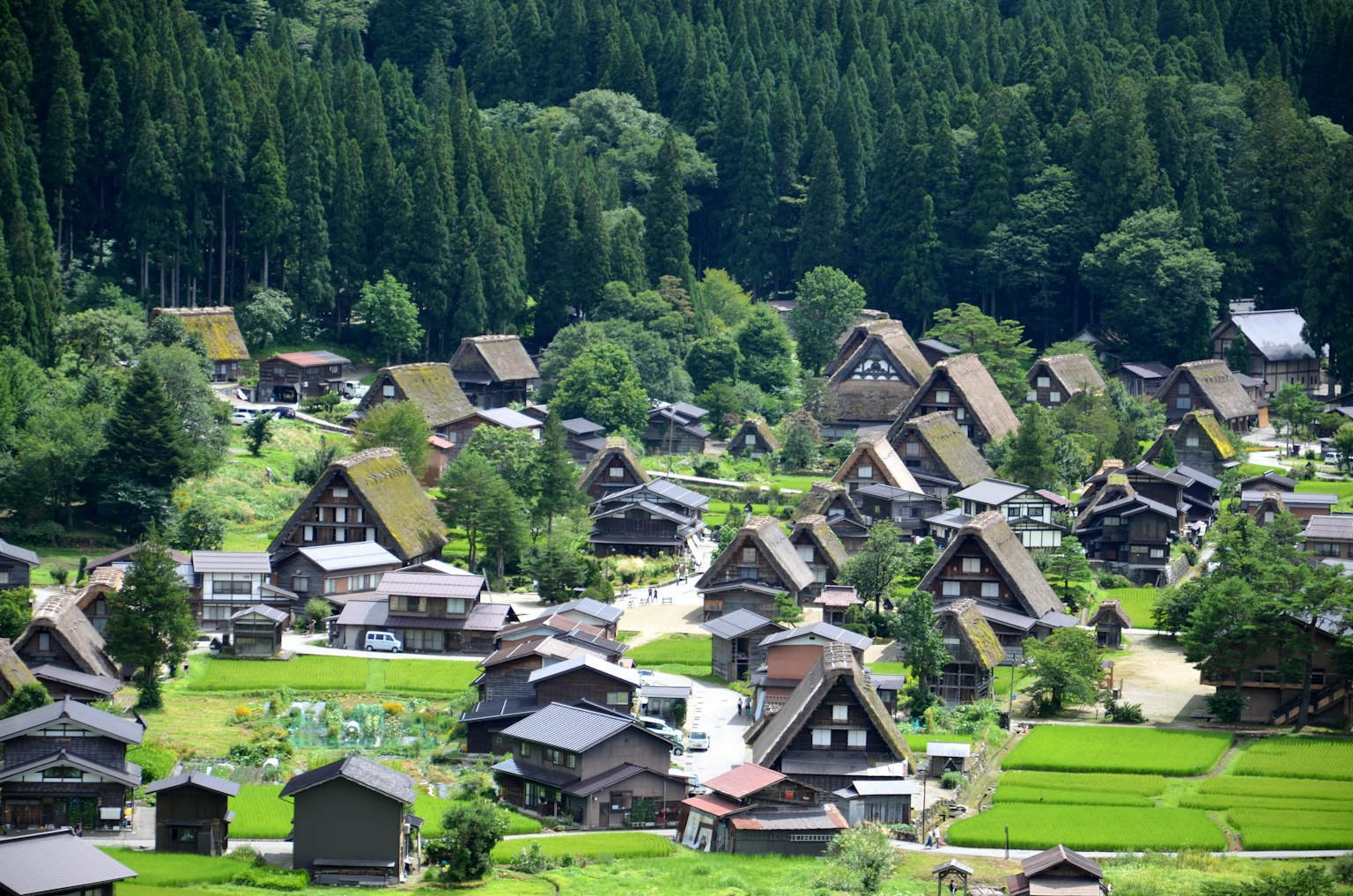被群山環繞的傳統合掌造村莊風景