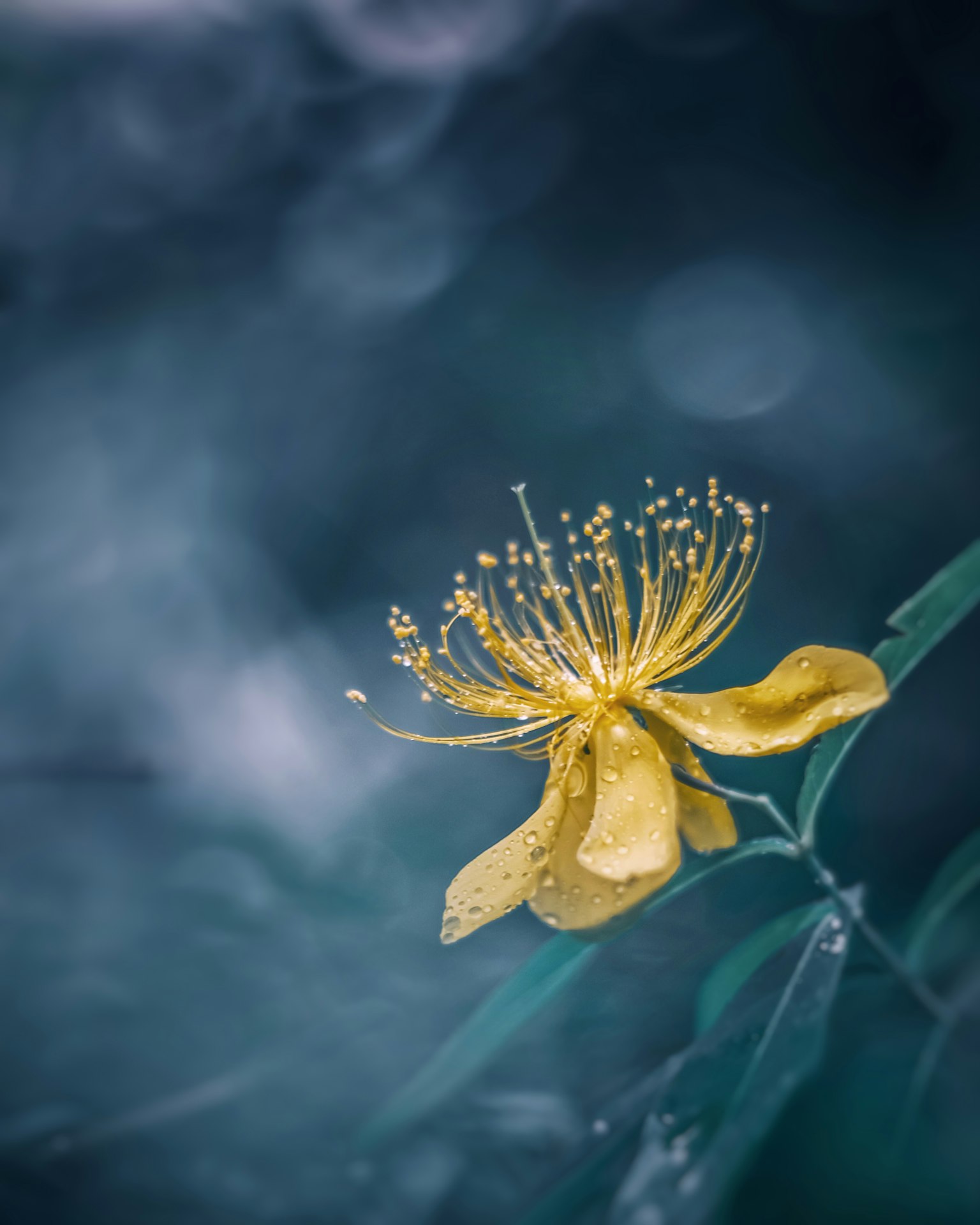 Hermosa flor amarilla con gotas sobre un fondo azul