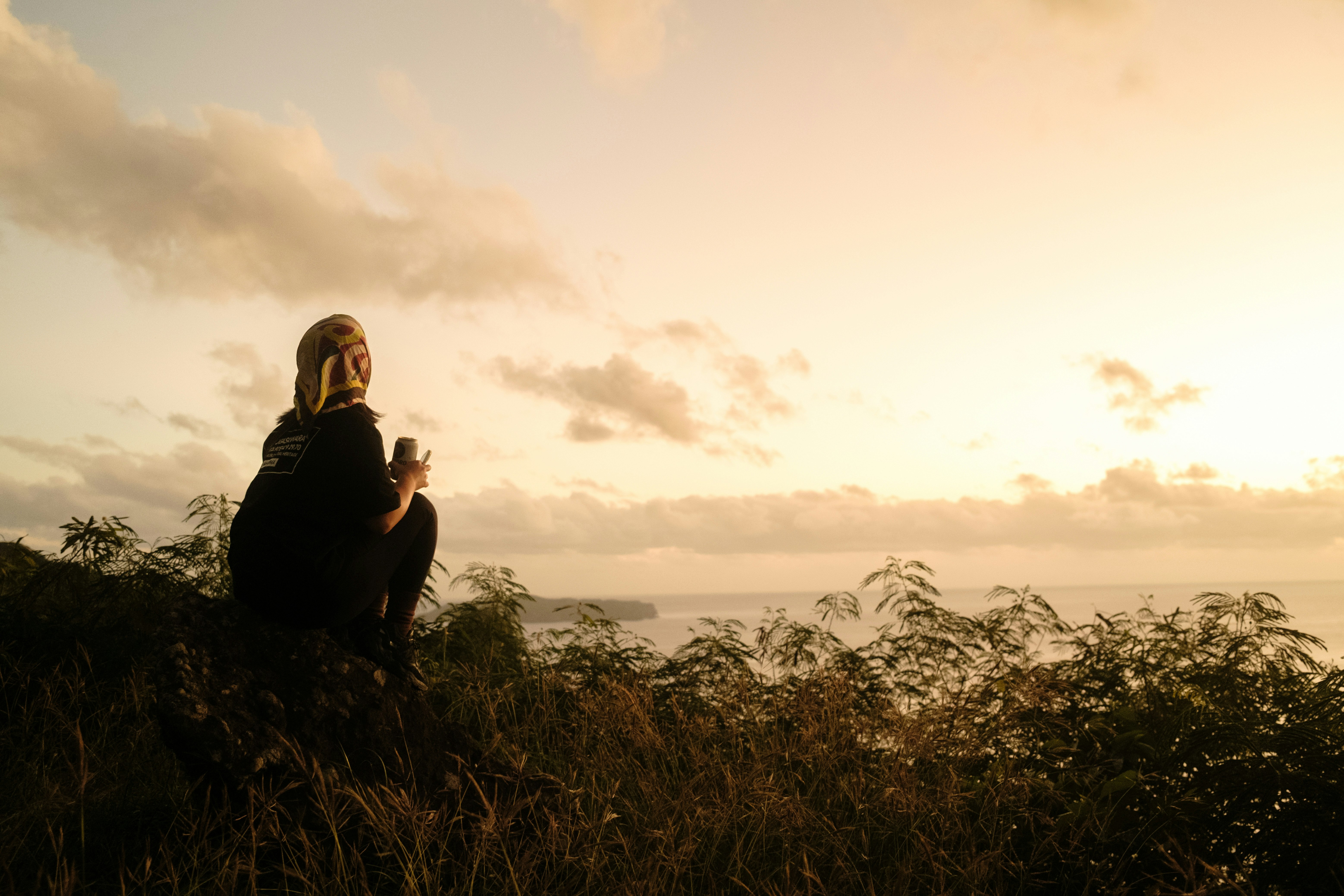 夕日を眺める女性が草原に座っている風景