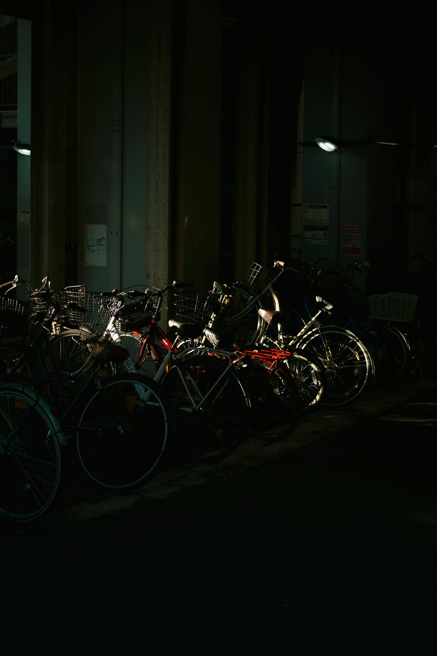 Un groupe de vélos garés dans une zone faiblement éclairée avec des lumières environnantes
