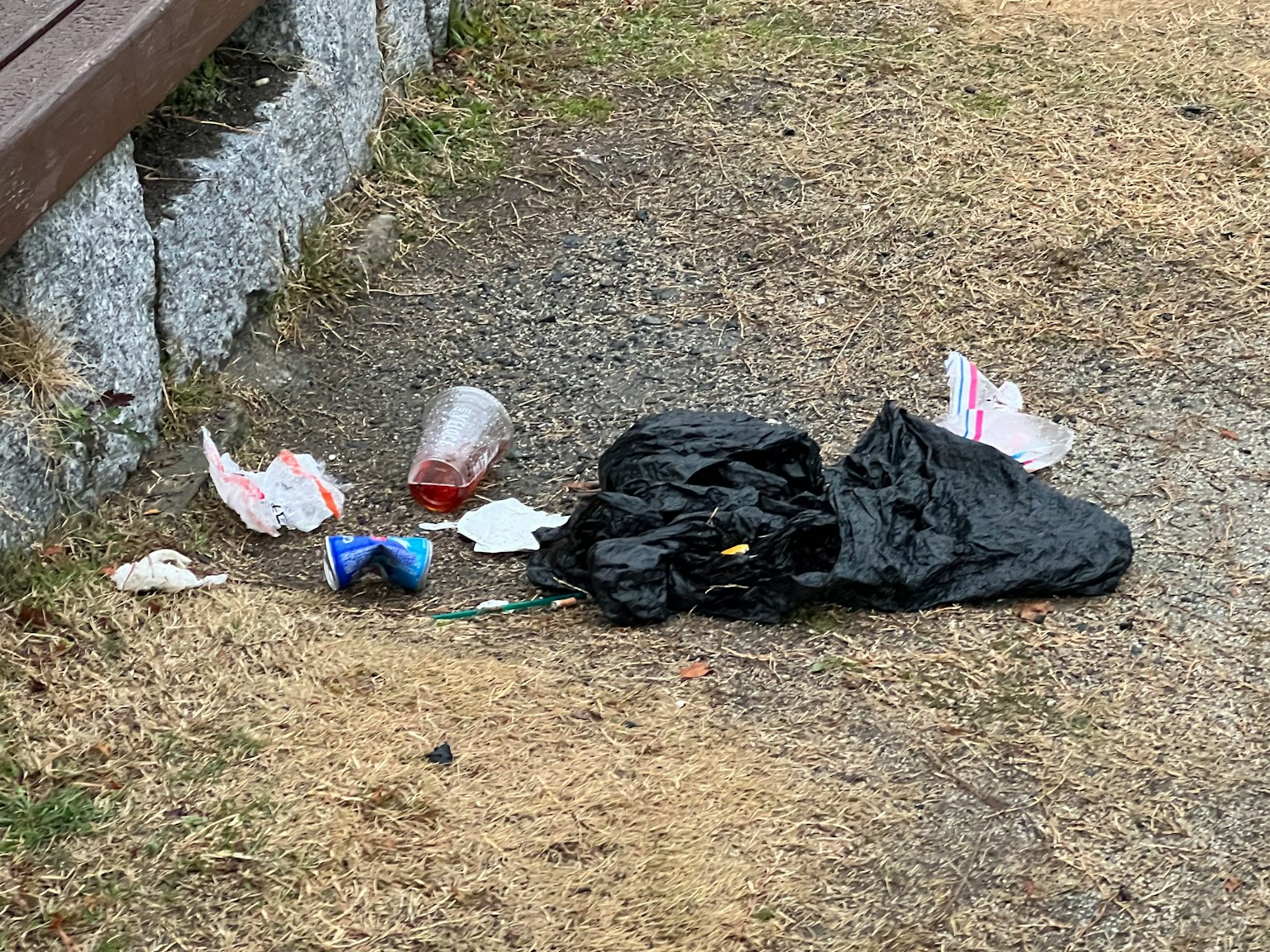 地面上的一堆垃圾，包括一個黑色垃圾袋和各種垃圾