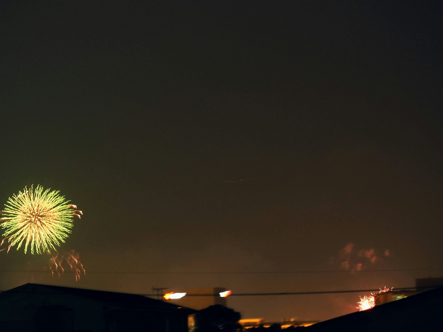 Green firework blooming in the night sky with dark buildings below